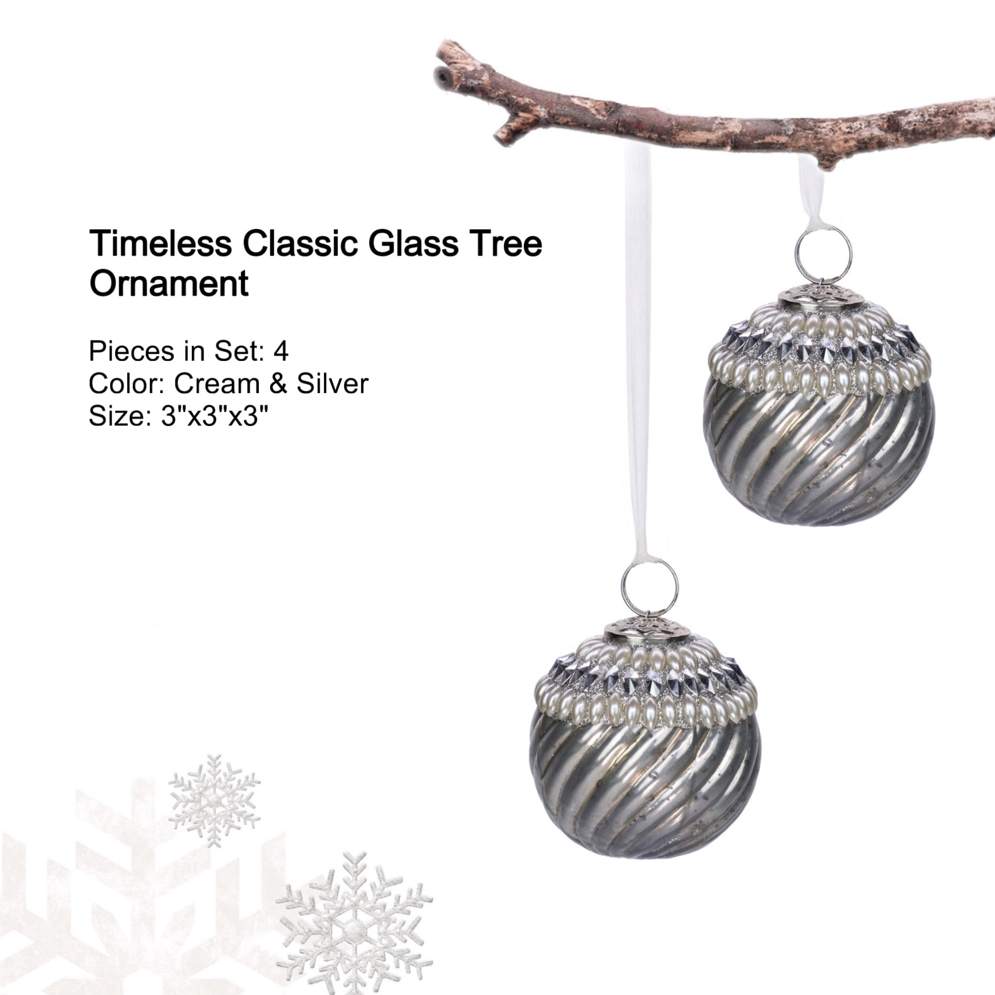 Timeless Classic Glass Tree Ornament in Cream & Silver, Boxed Set of 4