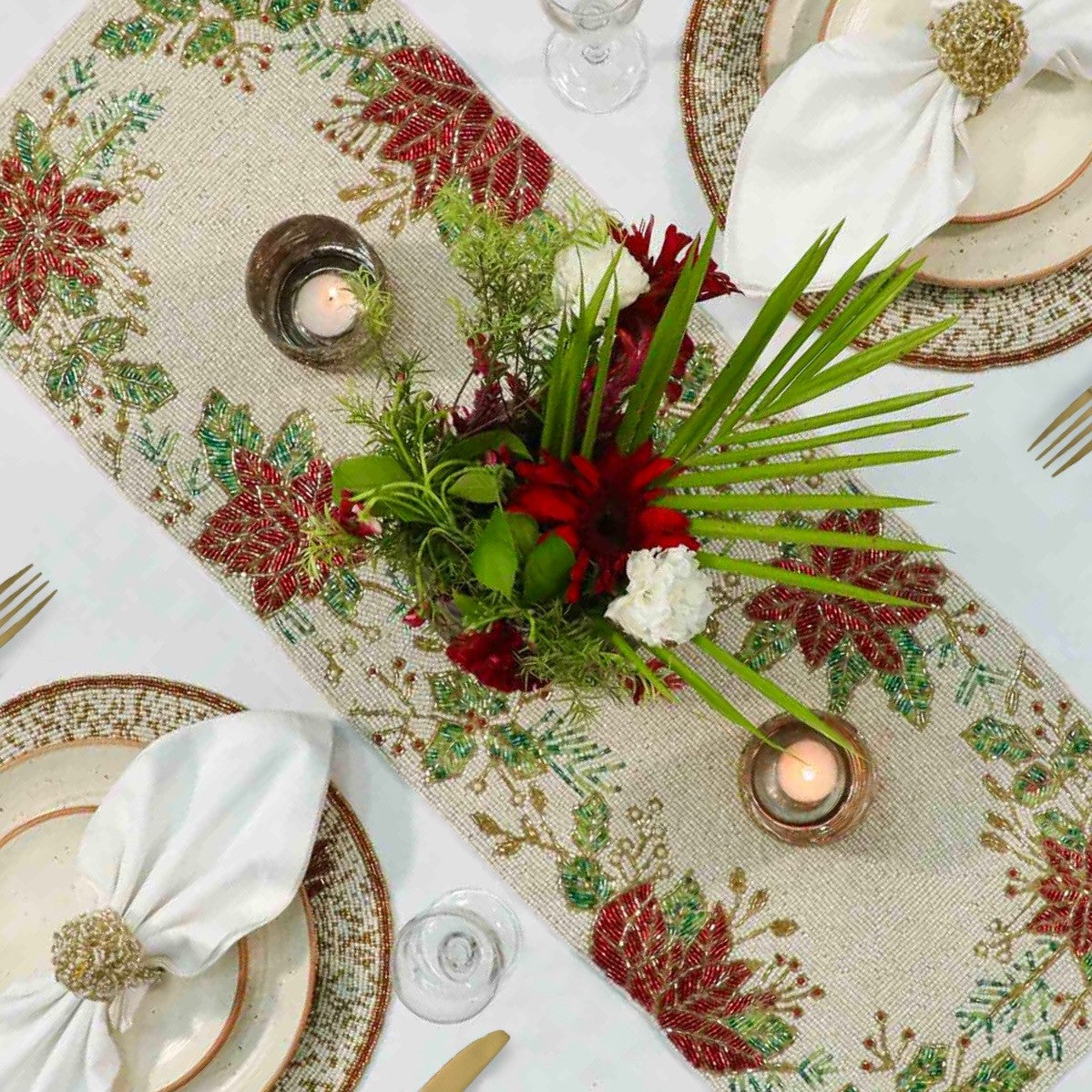 Tis' The Season Beaded Table Runner in Red, White & Green