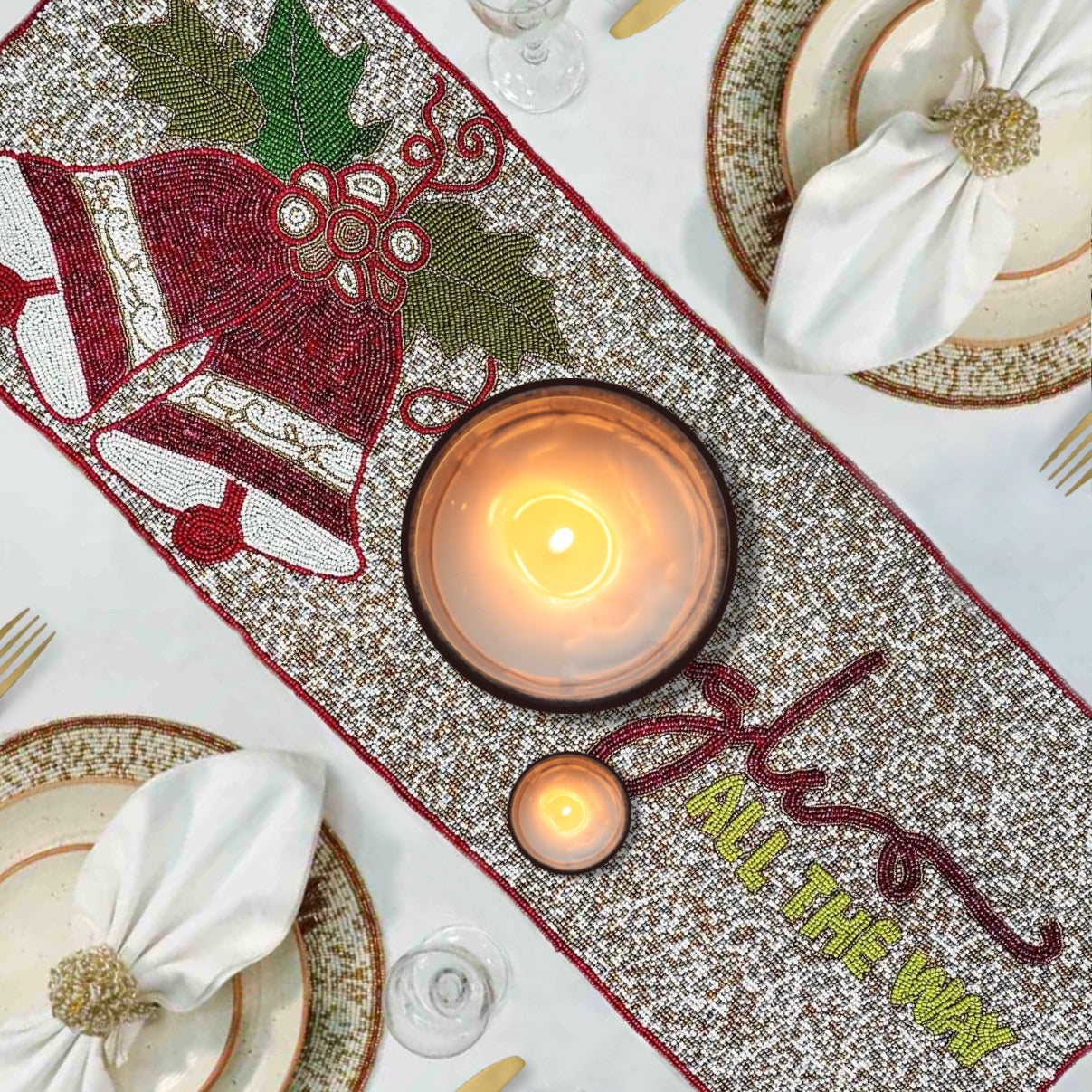 Jingle All The Way Beaded Christmas Table Runner in Red