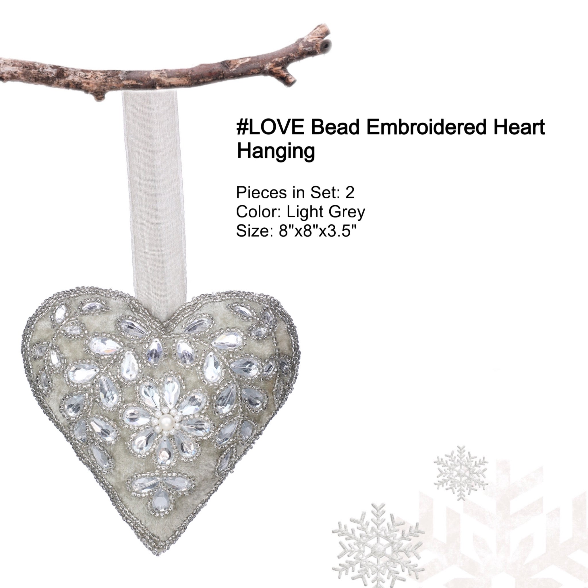 #LOVE Bead Embroidered Heart Hanging in Light Grey, Set of 2