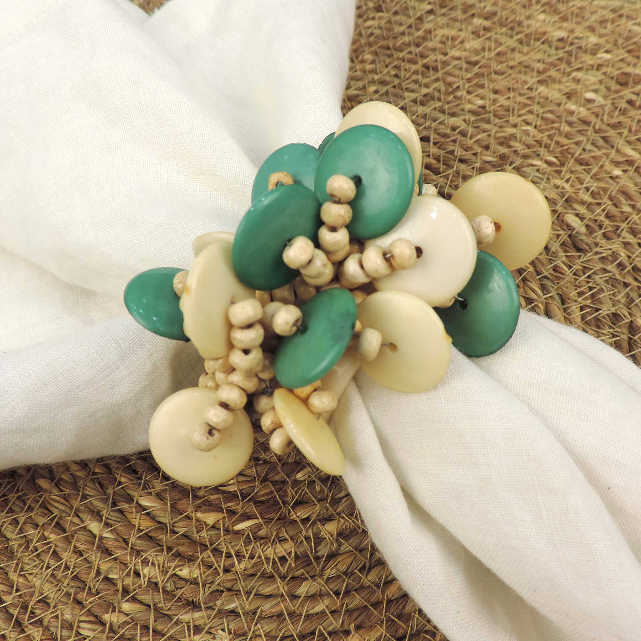Coin n Beads Cluster Napkin Ring in Cream Green, Set of 4