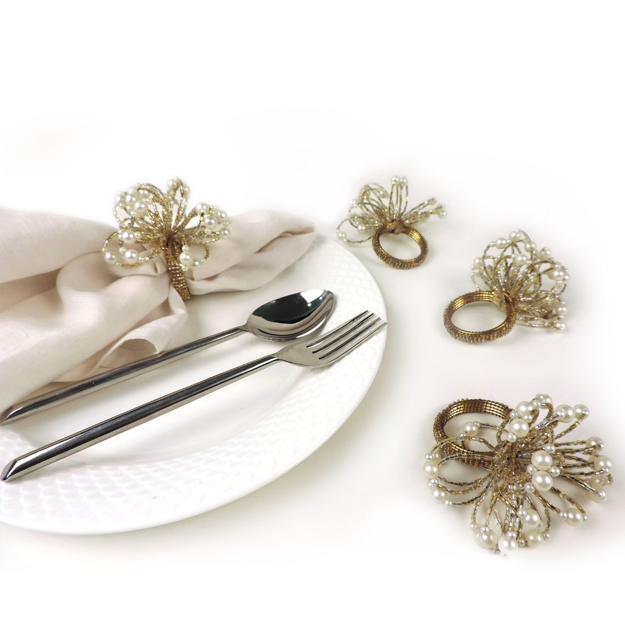 Pearl Flower Napkin Ring in Gold, Set of 4