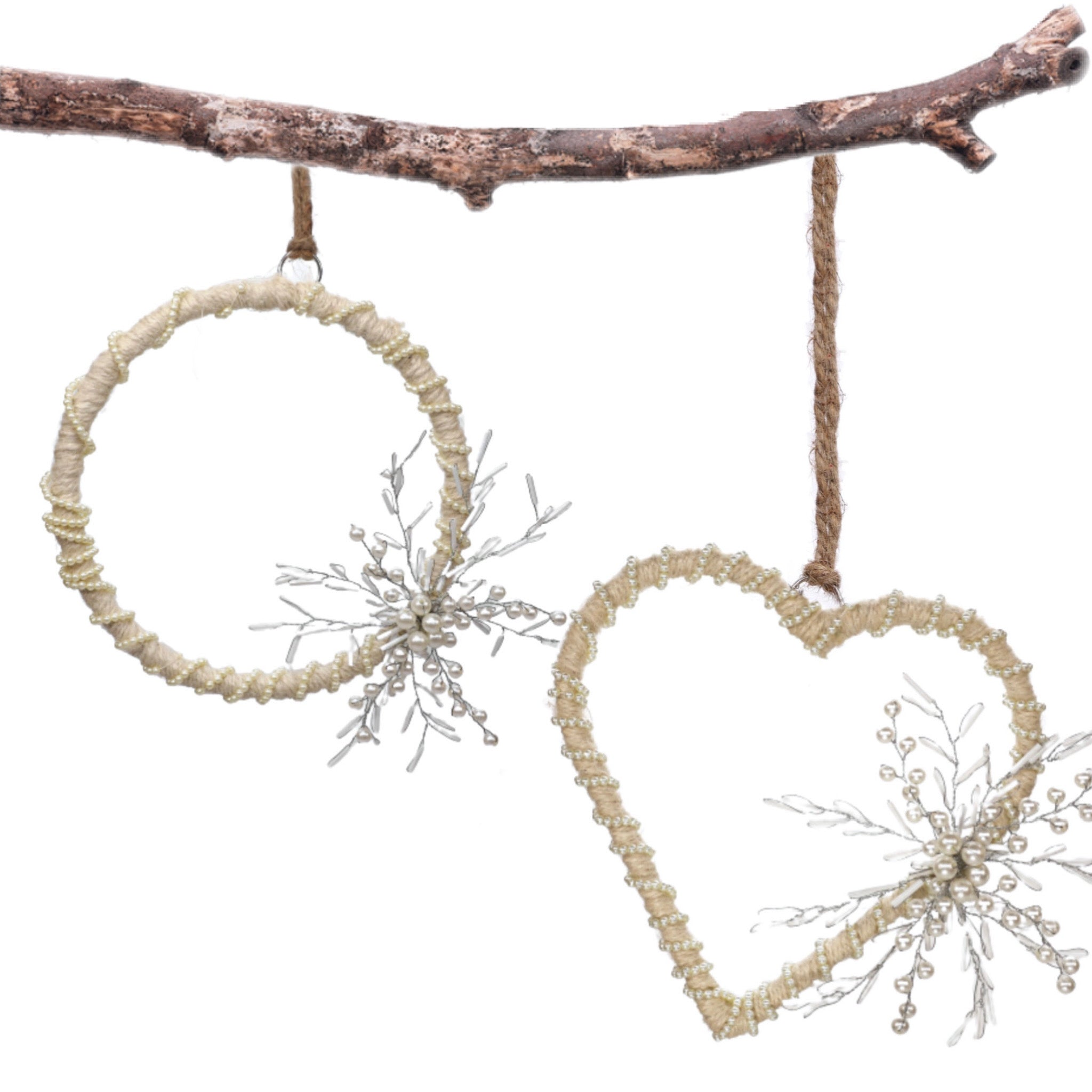 Back To Nature Wreath & Heart Hanging in Cream, Silver & White, Set of 2