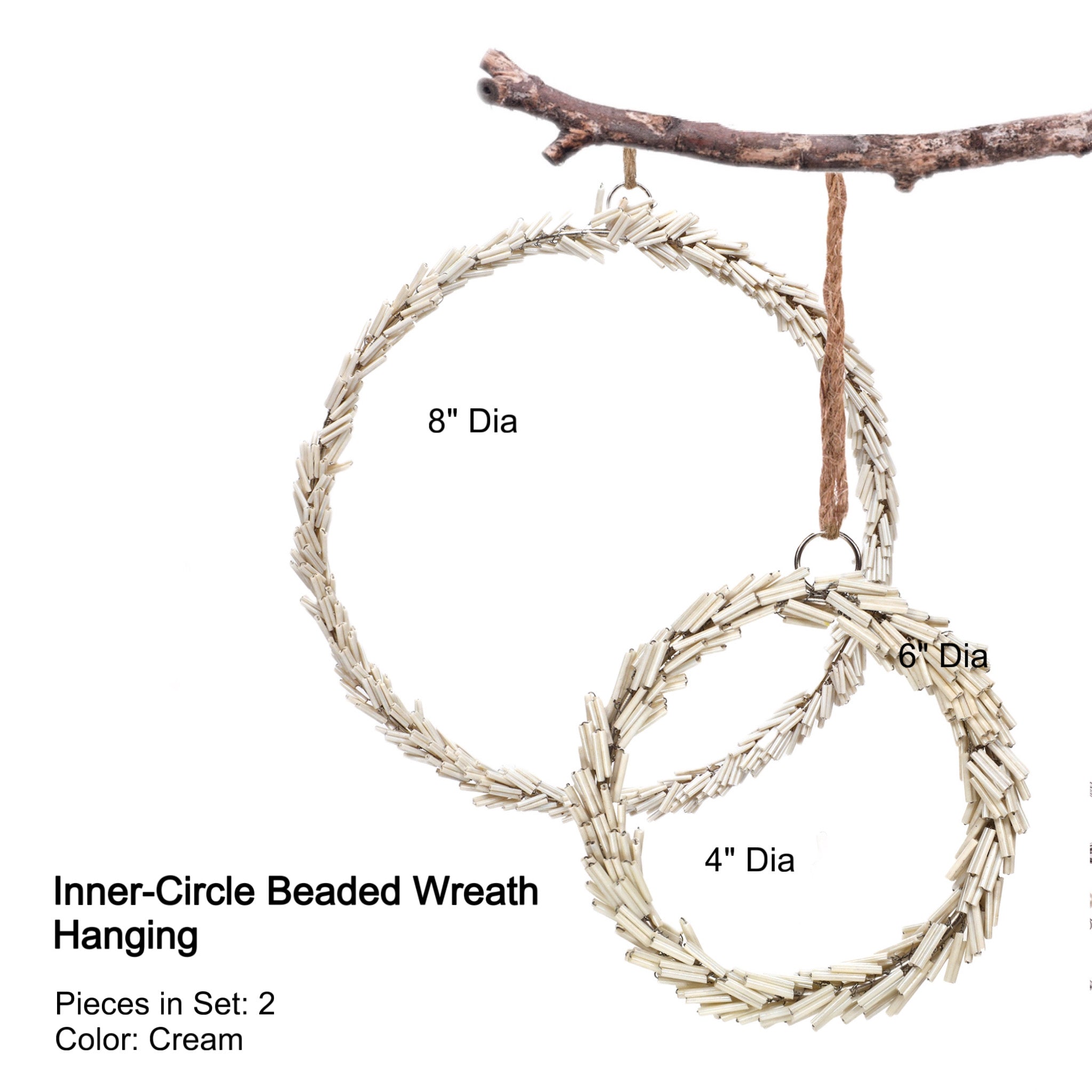 Inner-Circle Beaded Wreath Hanging in Cream, Set of 2