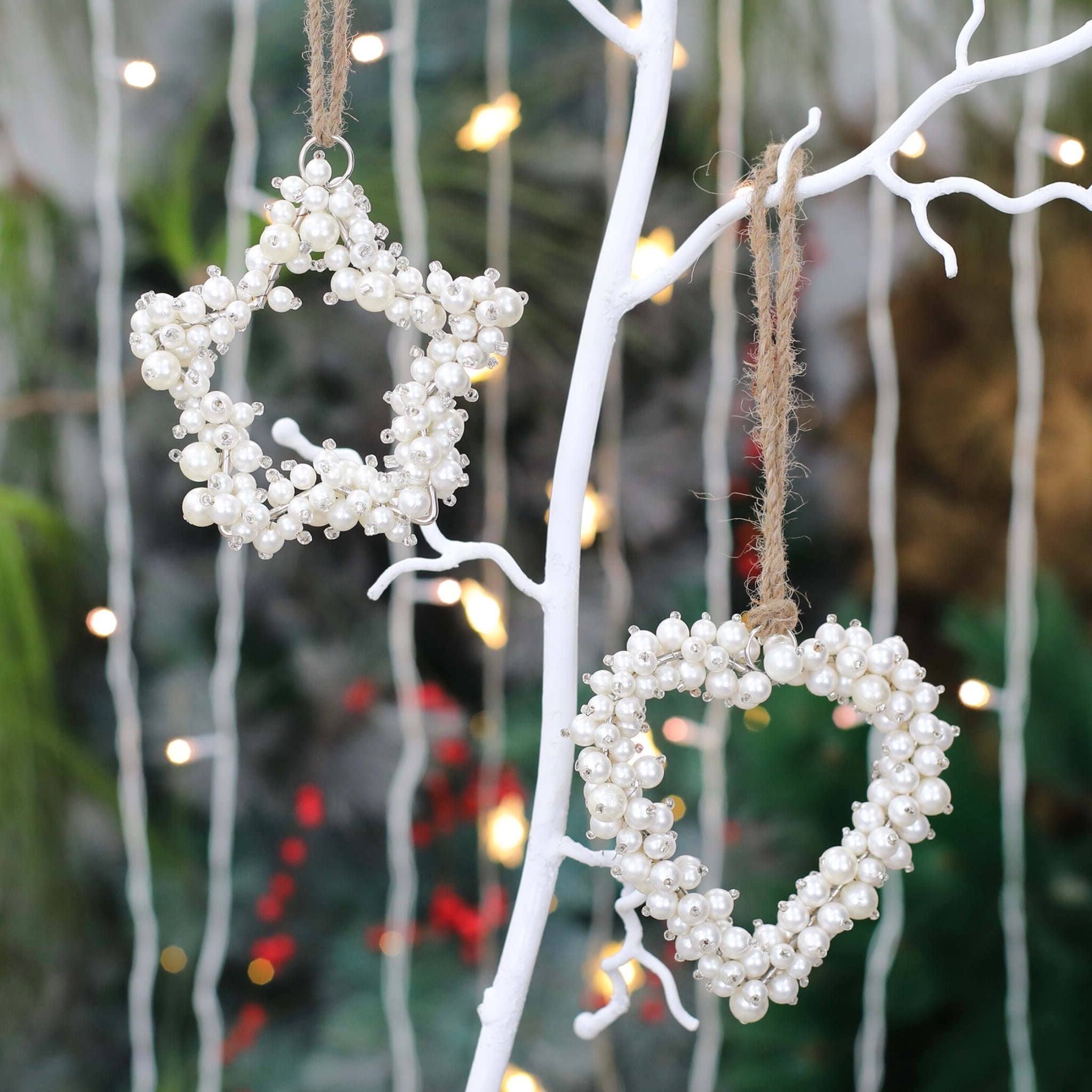 Pearl Beaded Star Heart Wreath Hanging in Cream, Set of 2