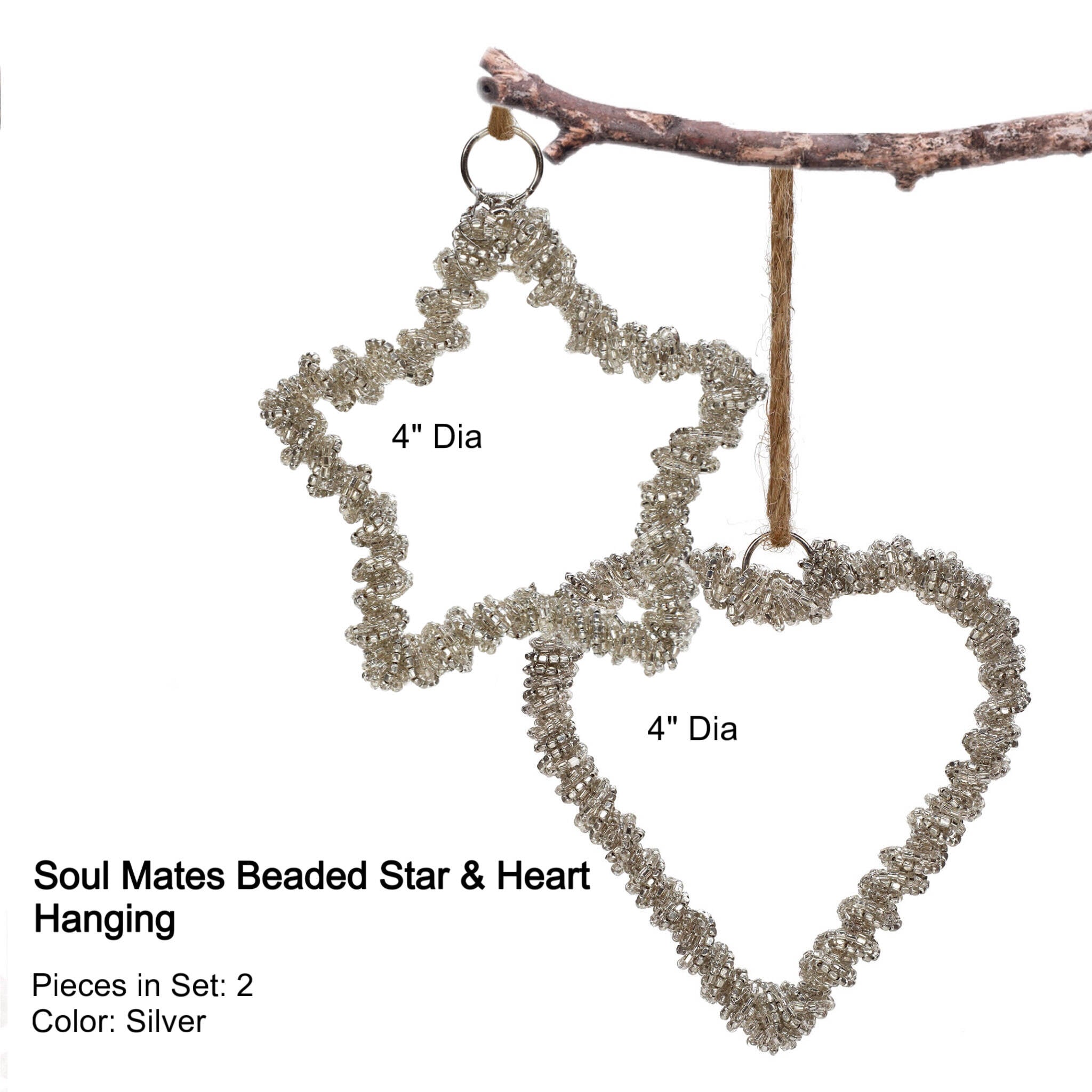 Glass Beaded Star Heart Wreath Ornament in Silver, Set of 2