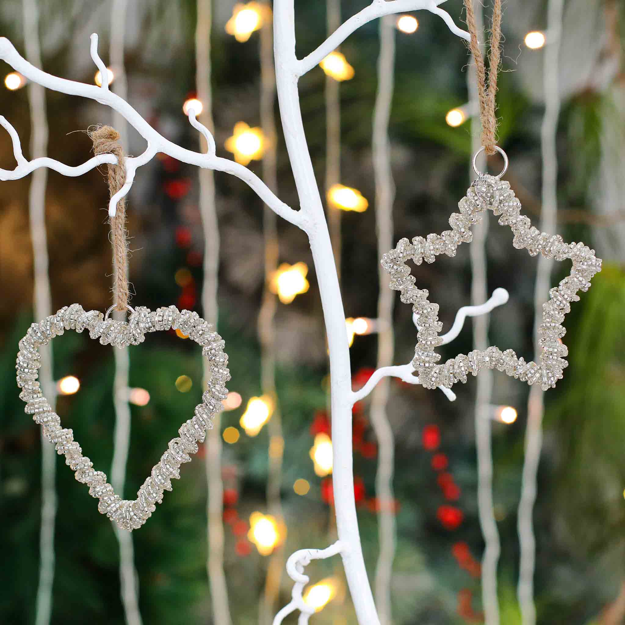 Glass Beaded Star Heart Wreath Ornament in Silver, Set of 2