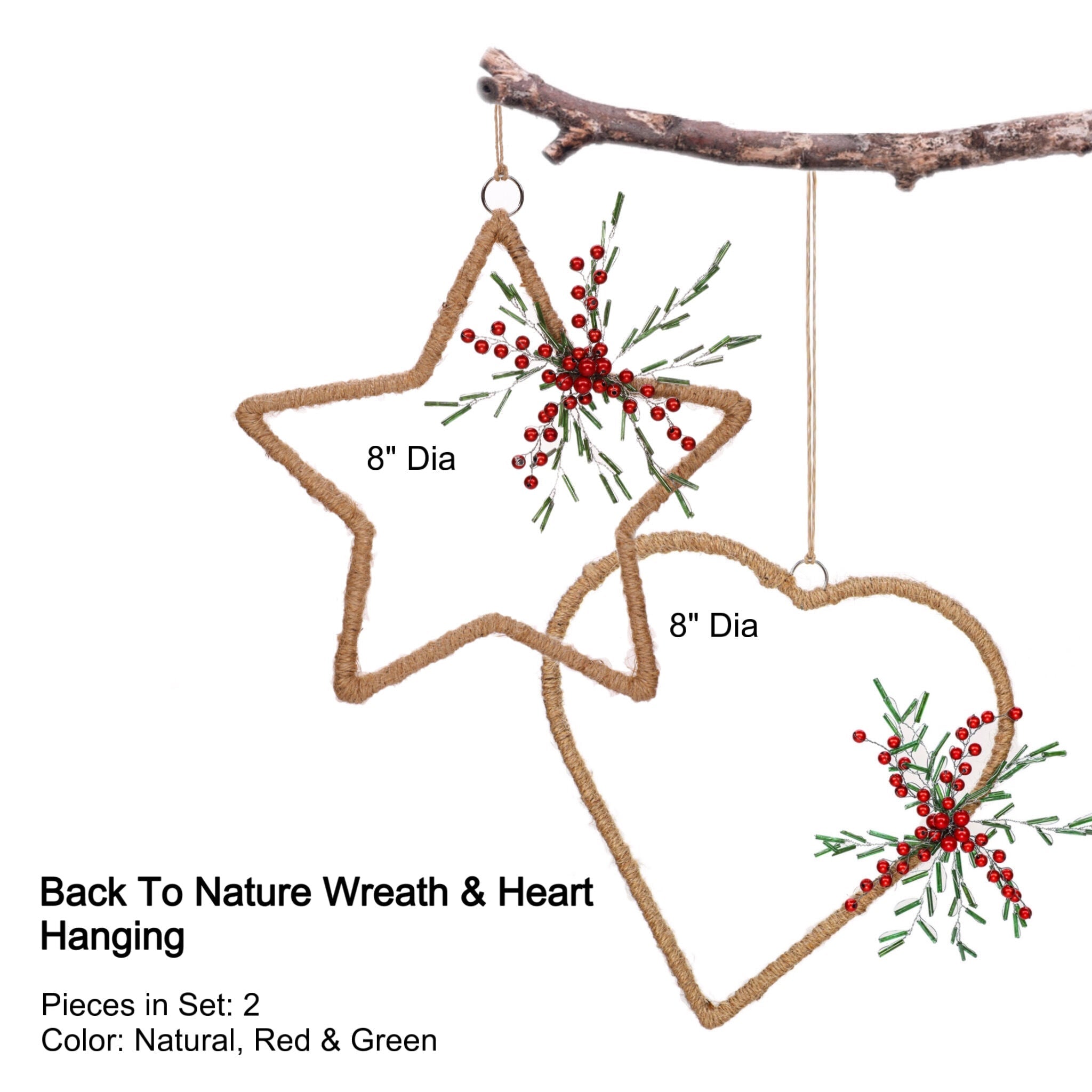 Natural Jute Star Heart Wreath Hanging in Red, Set of 2