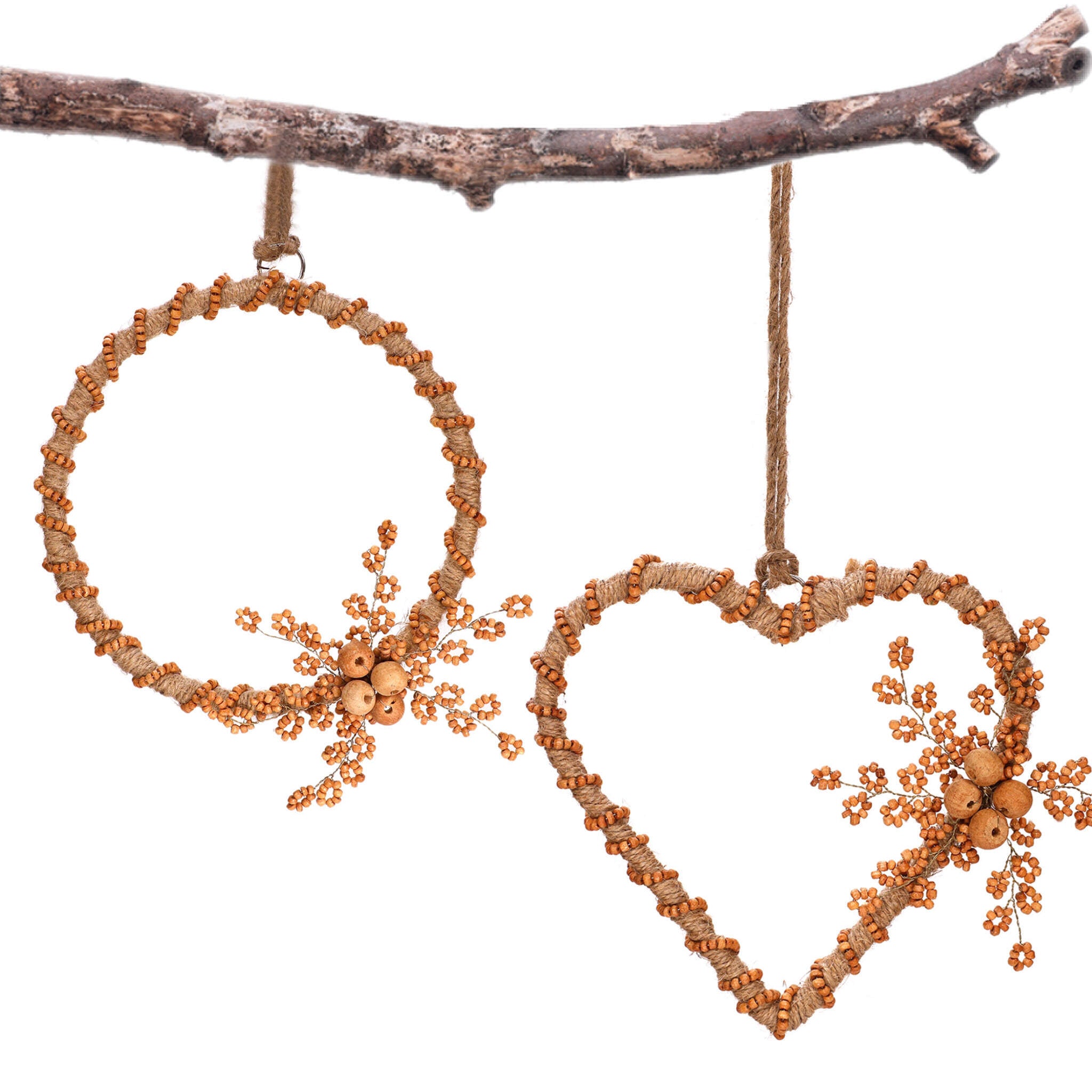 Natural Jute Wreath Heart Hanging in Orange, Set of 2