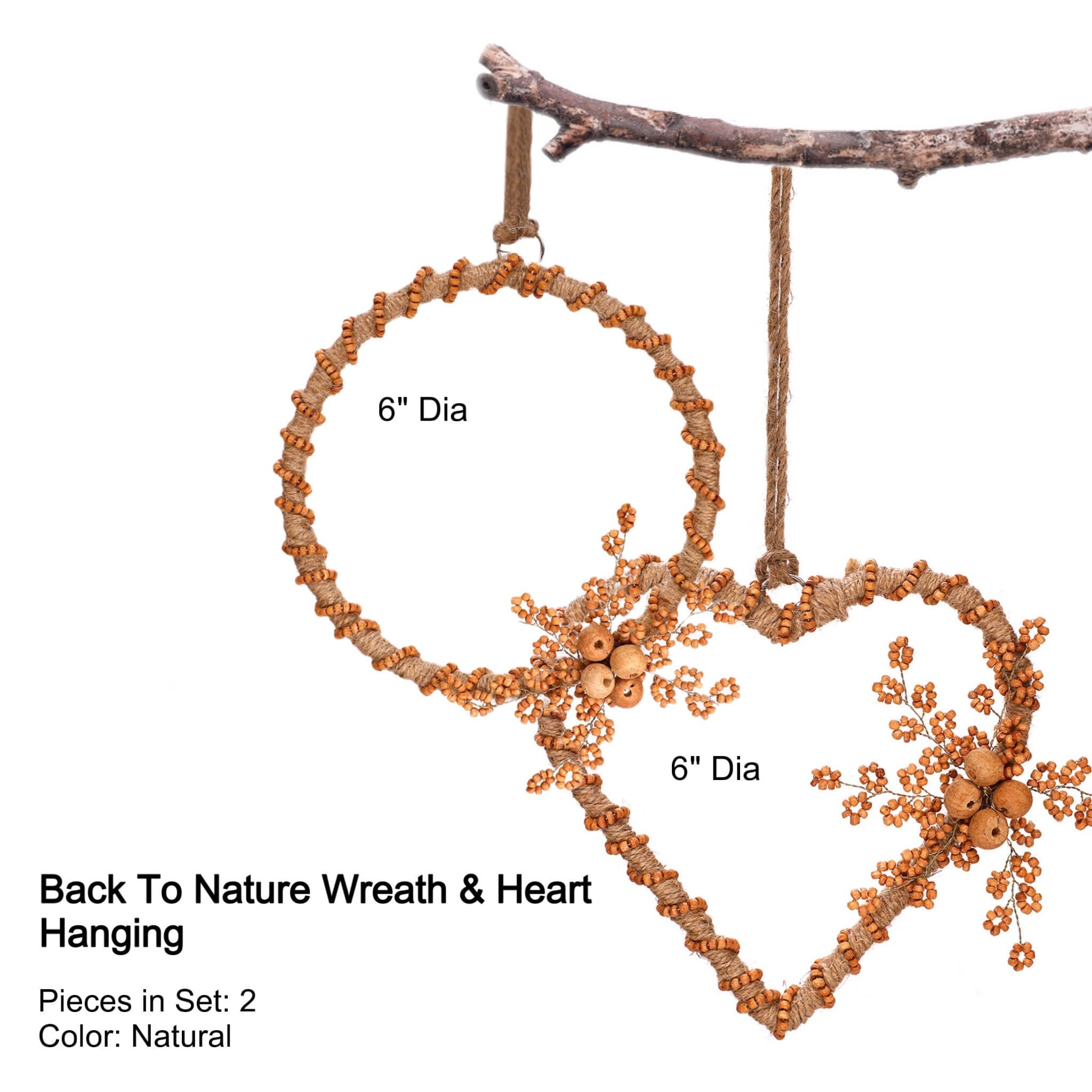 Natural Jute Wreath Heart Hanging in Orange, Set of 2