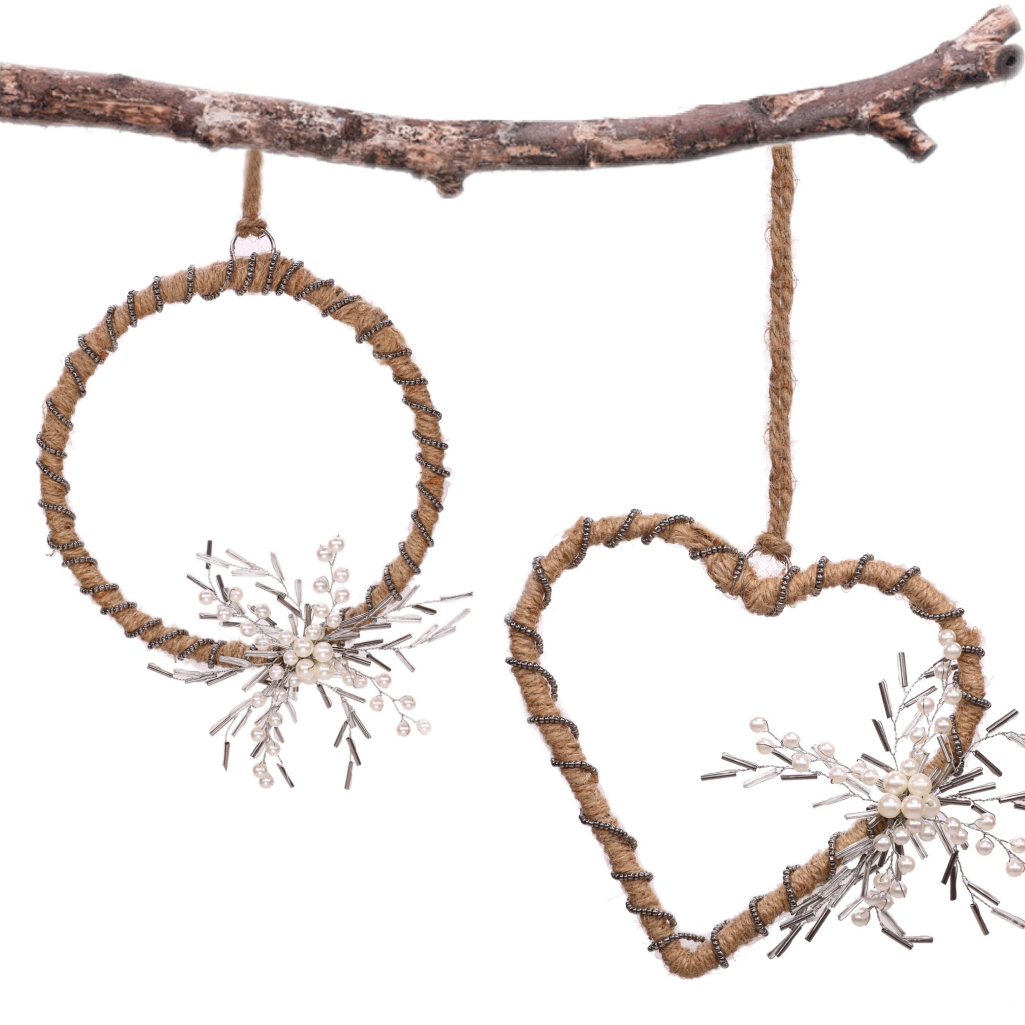 Natural Jute Wreath Heart Hanging in White & Smoke, Set of 2