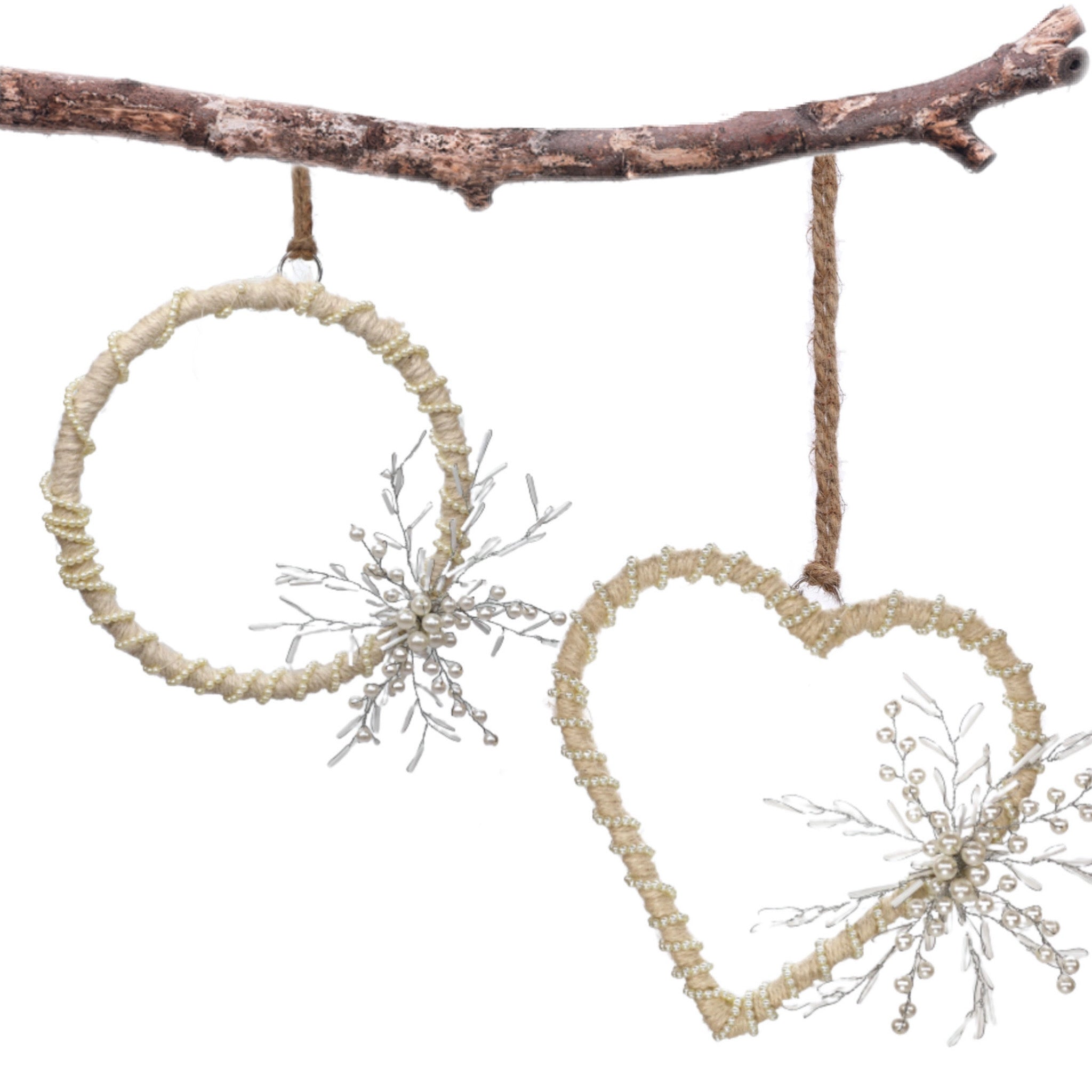 Natural Jute Wreath Heart Hanging in Cream & White, Set of 2