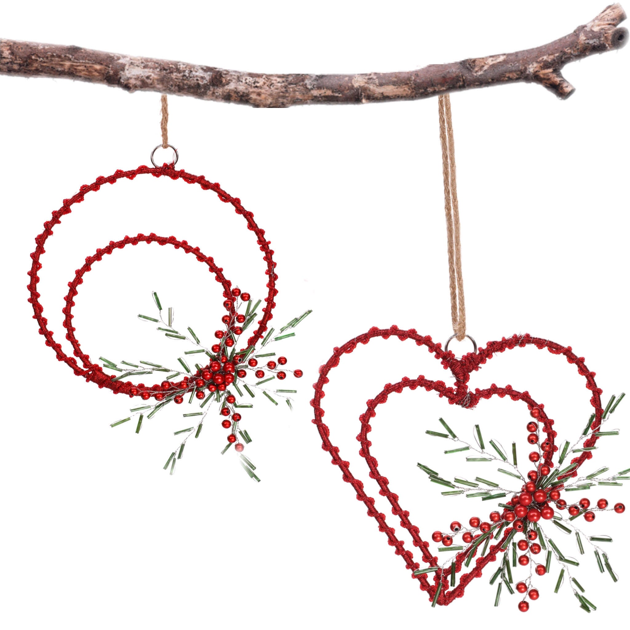 Braided Jute Wreath Heart Hanging in Red & Green, Set of 2