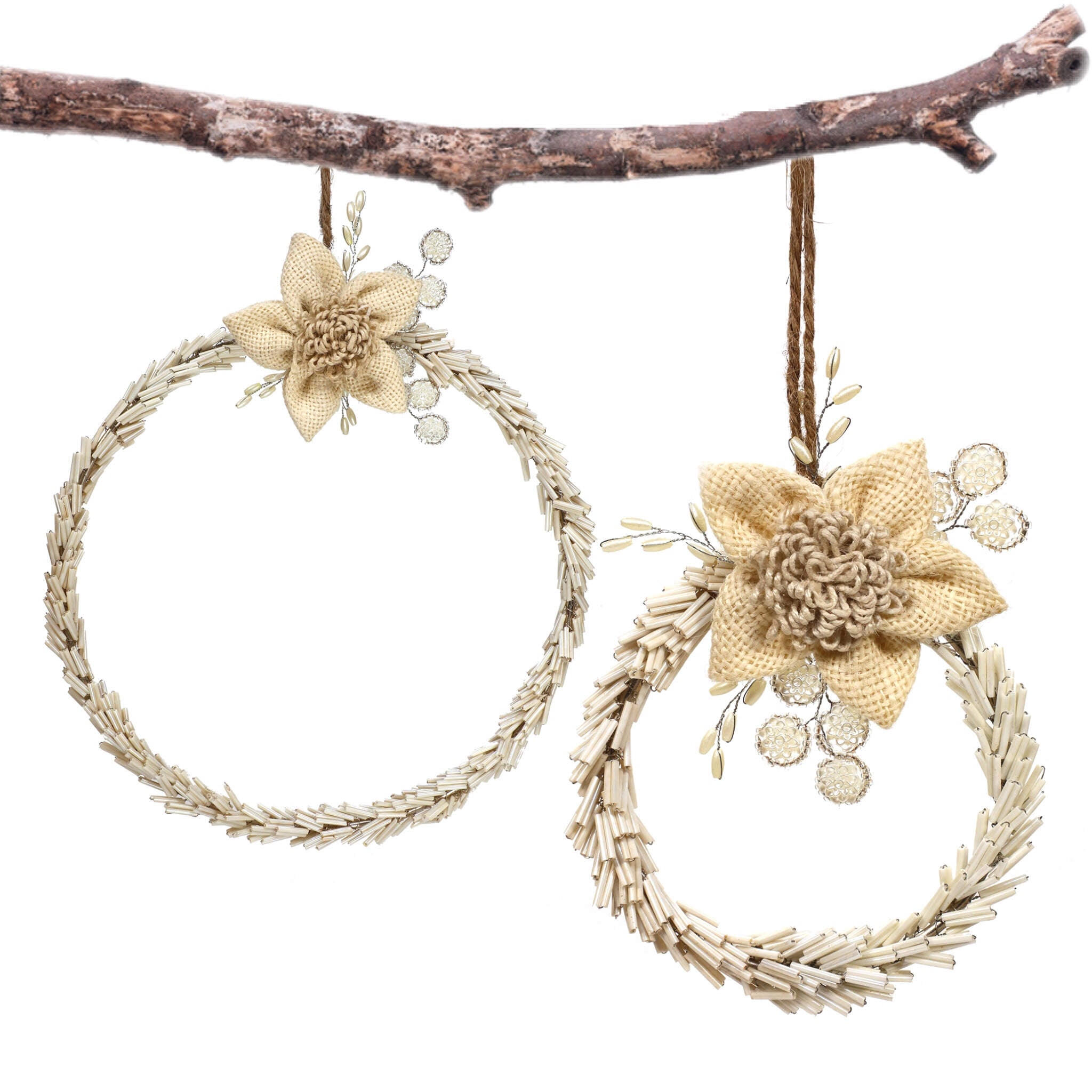 Hand Beaded Wreath Ornament with Flower in Cream, Set of 2