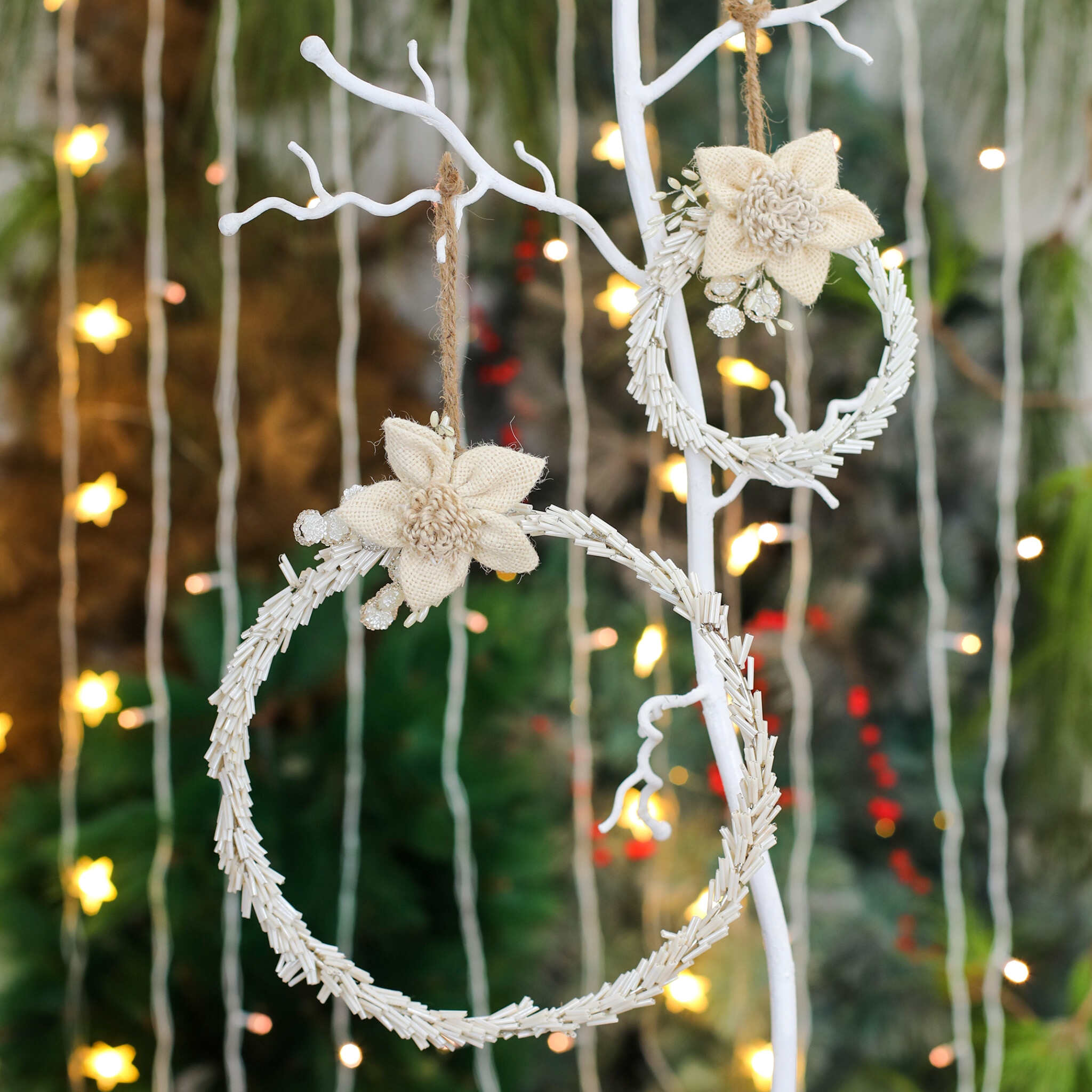 Hand Beaded Wreath Ornament with Flower in Cream, Set of 2