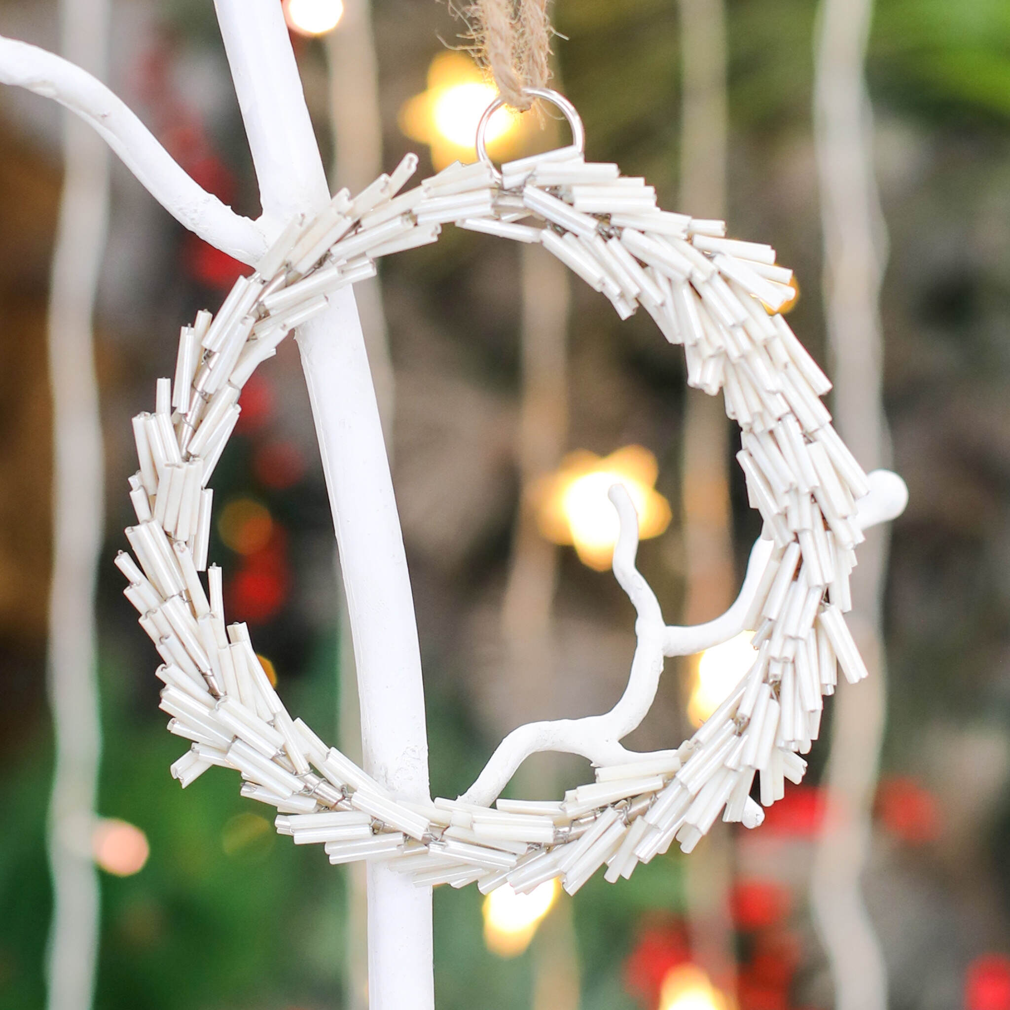 Hand Beaded Wreath Ornament in Cream, Set of 2