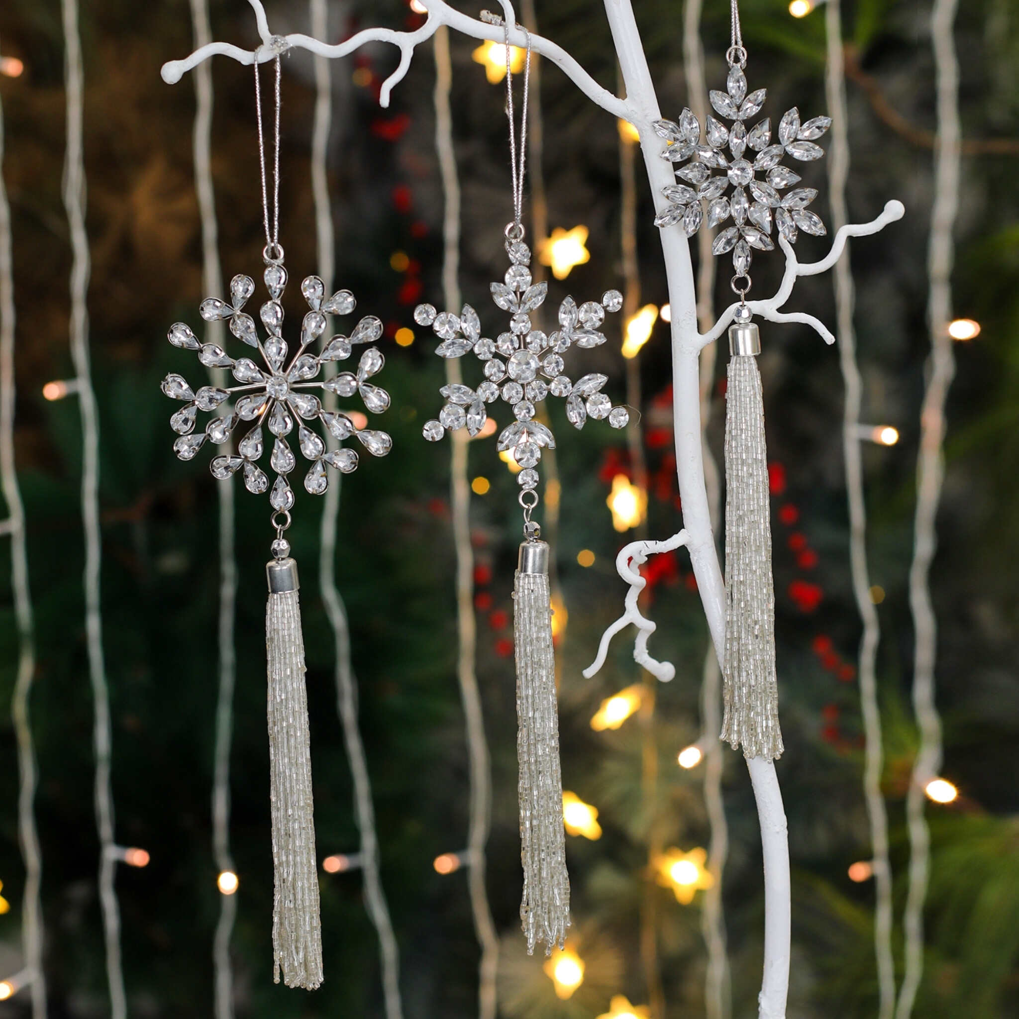 Silver Jeweled Christmas Tree Ornament, Set of 3