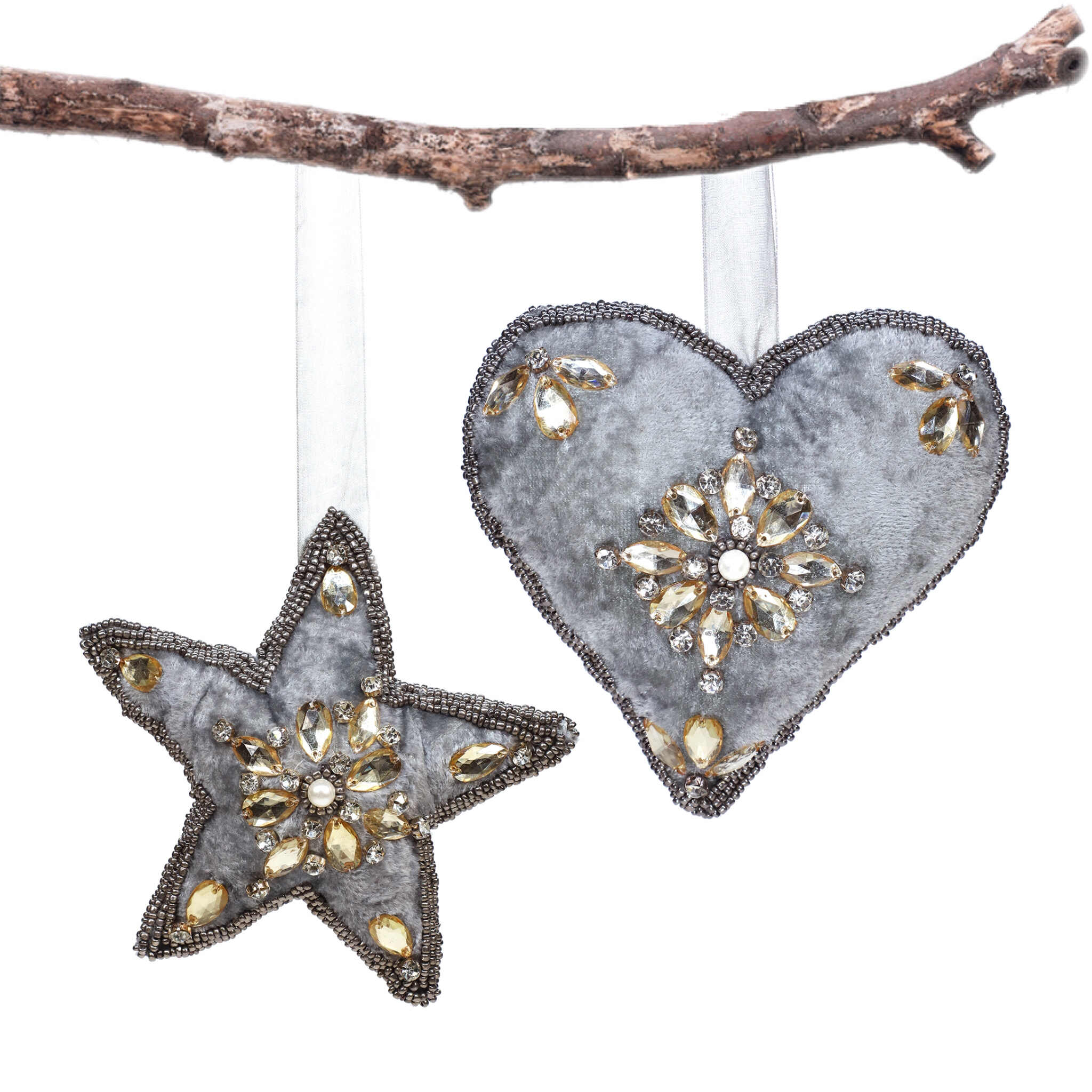 Felt Star Heart Christmas Ornament in Grey & Gold, Set of 2