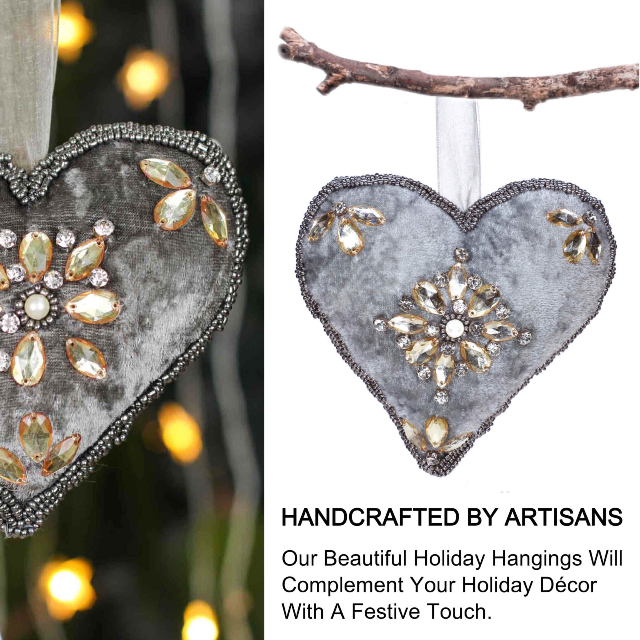 Felt Star Heart Christmas Ornament in Grey & Gold, Set of 2