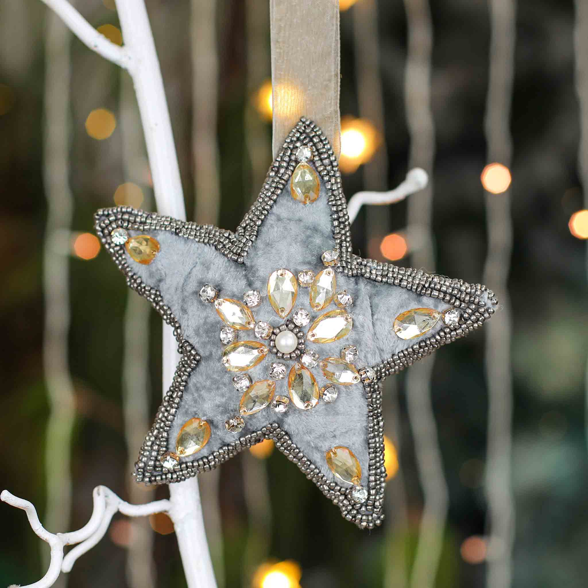 Felt Star Heart Christmas Ornament in Grey & Gold, Set of 2