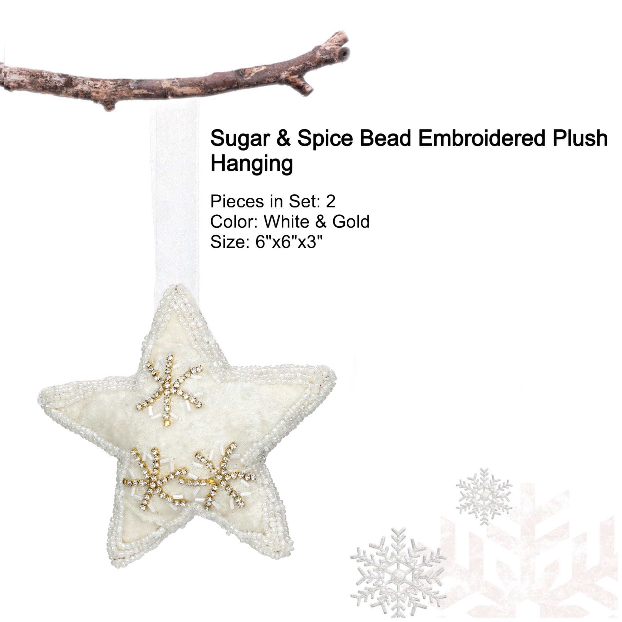 Felt Star Christmas Ornament in White & Gold, Set of 2