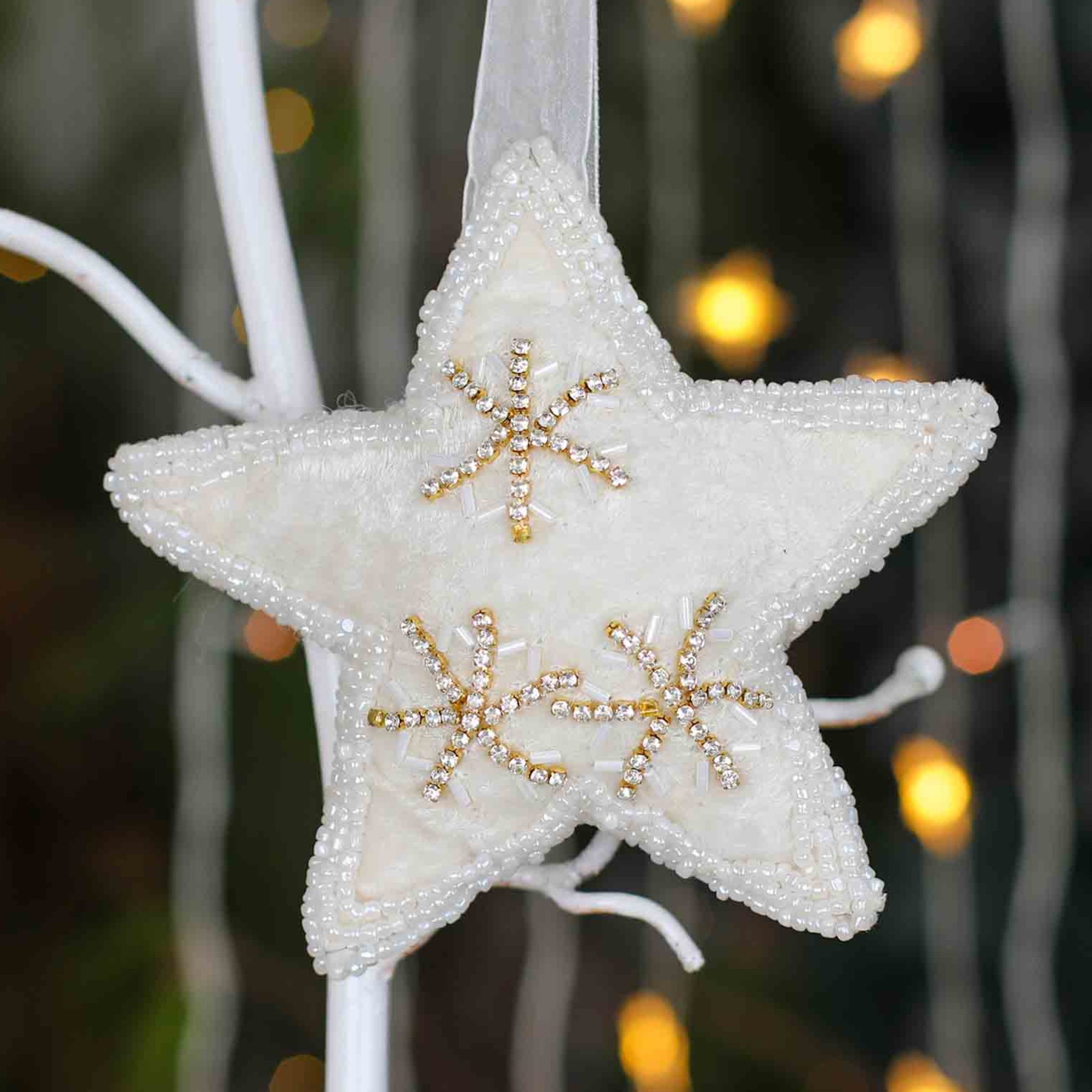 Felt Star Christmas Ornament in White & Gold, Set of 2