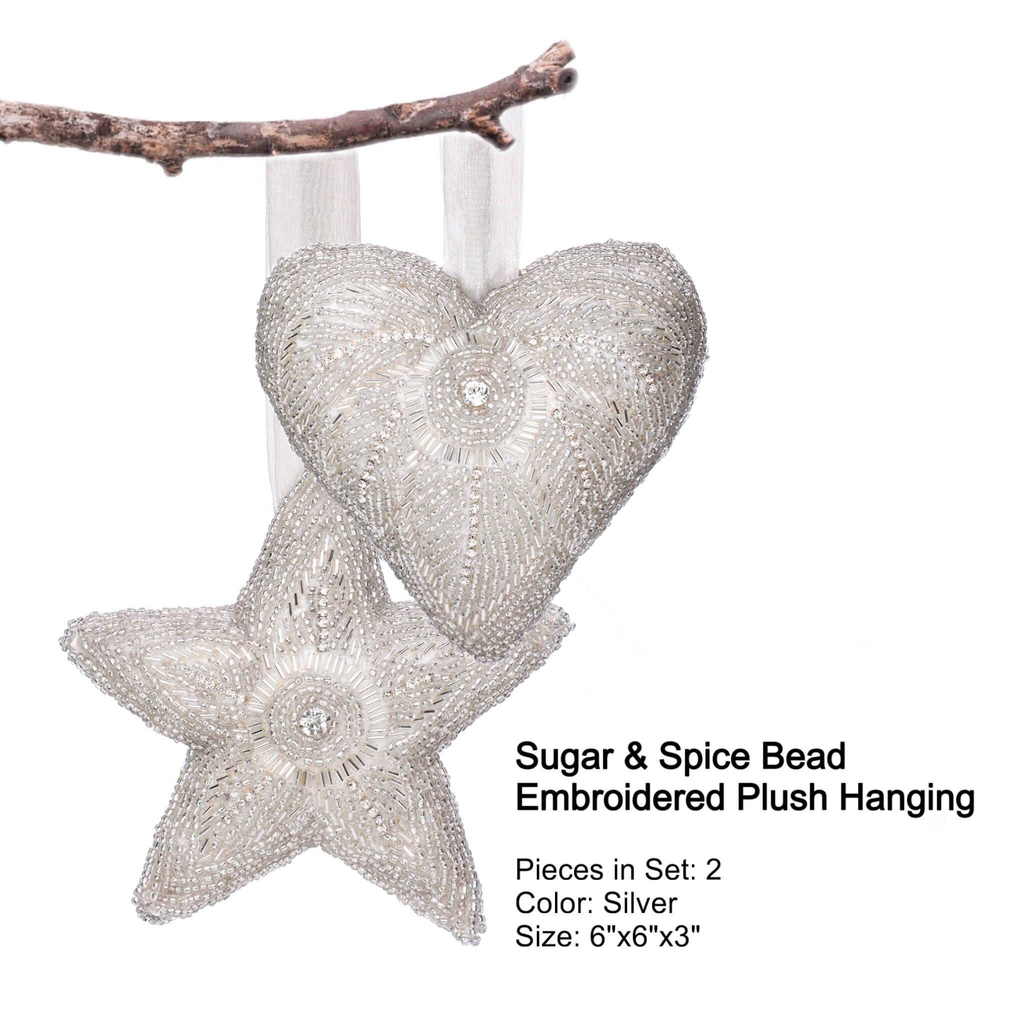 Felt Star Heart Christmas Ornament in Silver, Set of 2