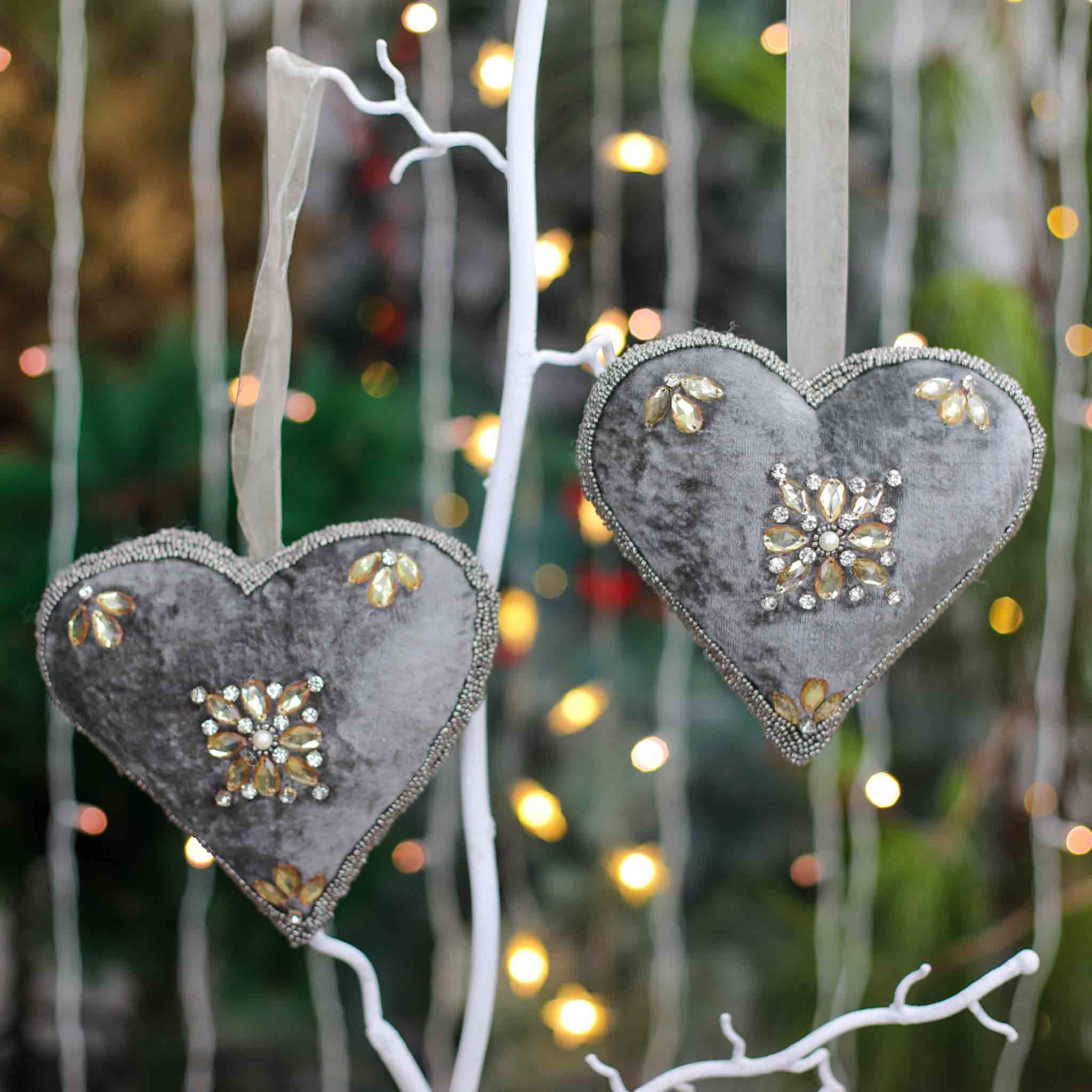 #LOVE Bead Embroidered Heart Ornament in Grey, Set of 2