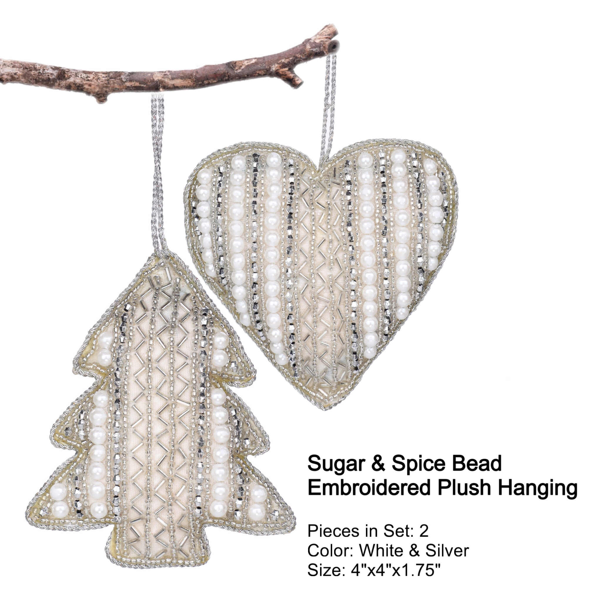 Felt Tree Heart Christmas Ornament in Silver White, Set of 2