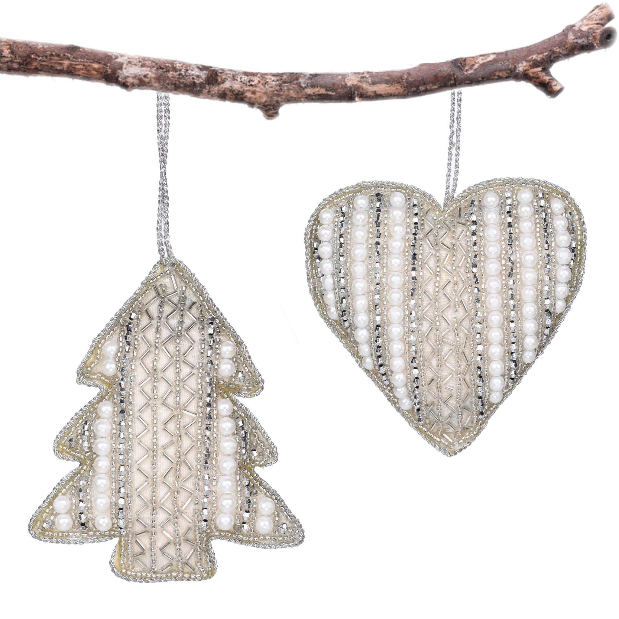 Felt Tree Heart Christmas Ornament in Silver White, Set of 2