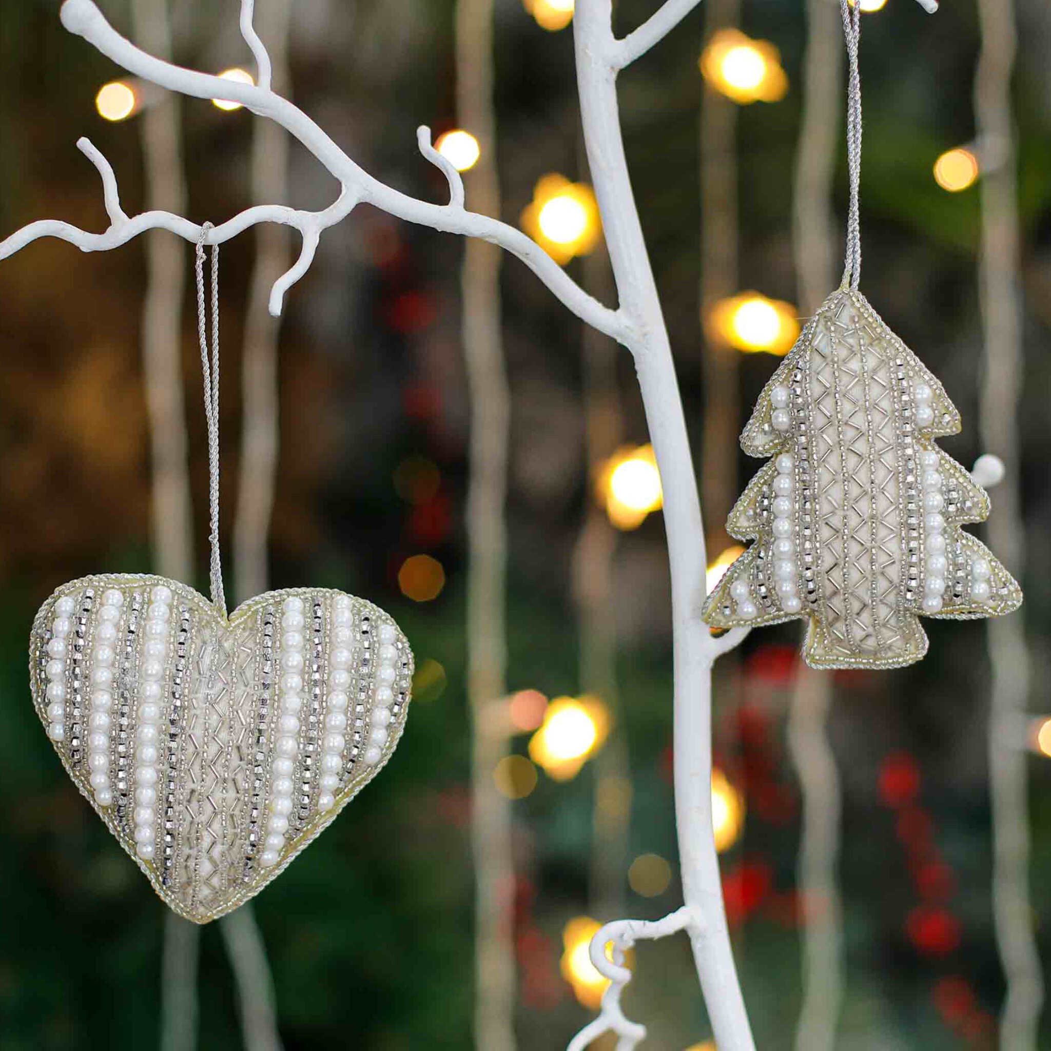 Felt Tree Heart Christmas Ornament in Silver White, Set of 2