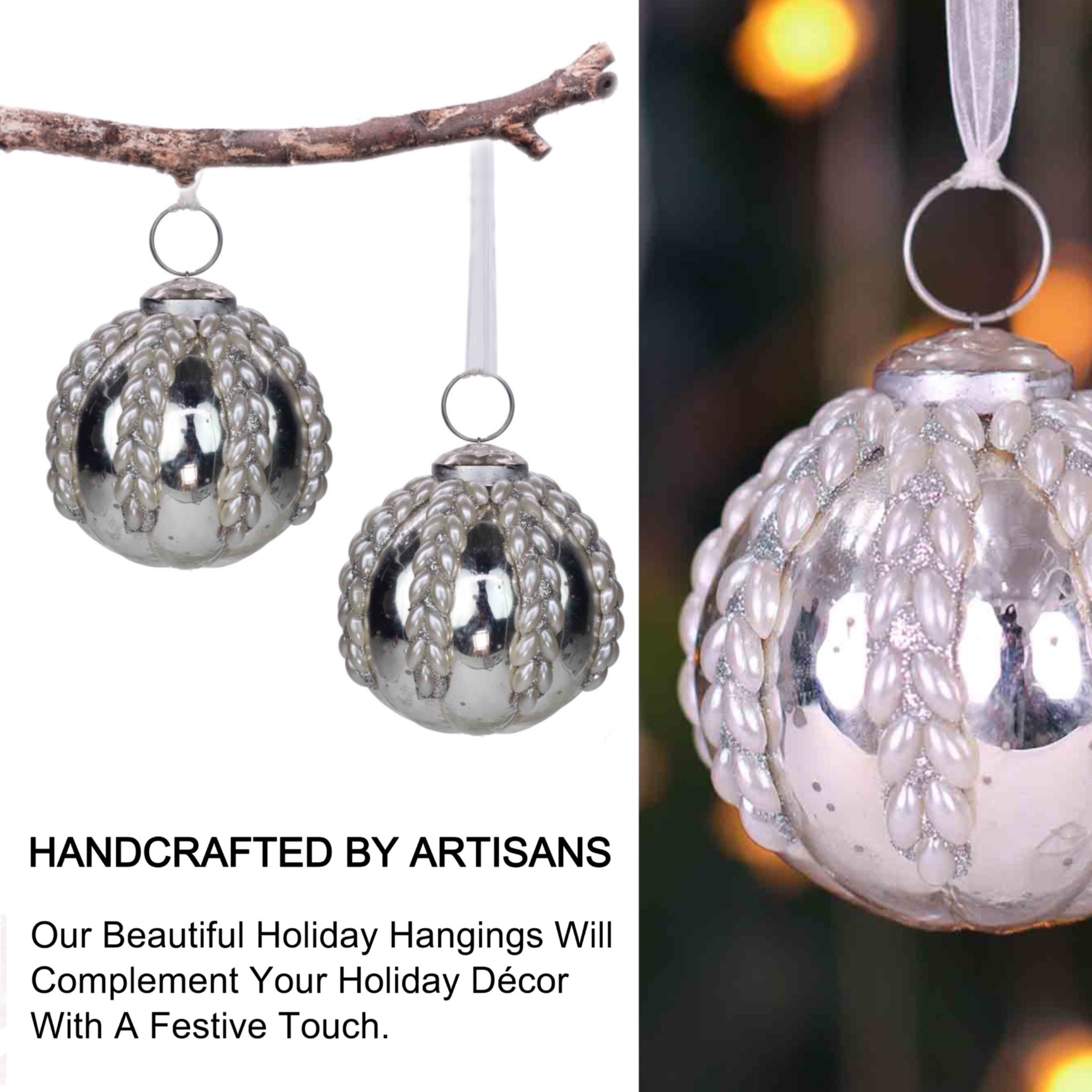 Timeless Christmas Tree Ornament in Silver & Cream, Set of 4