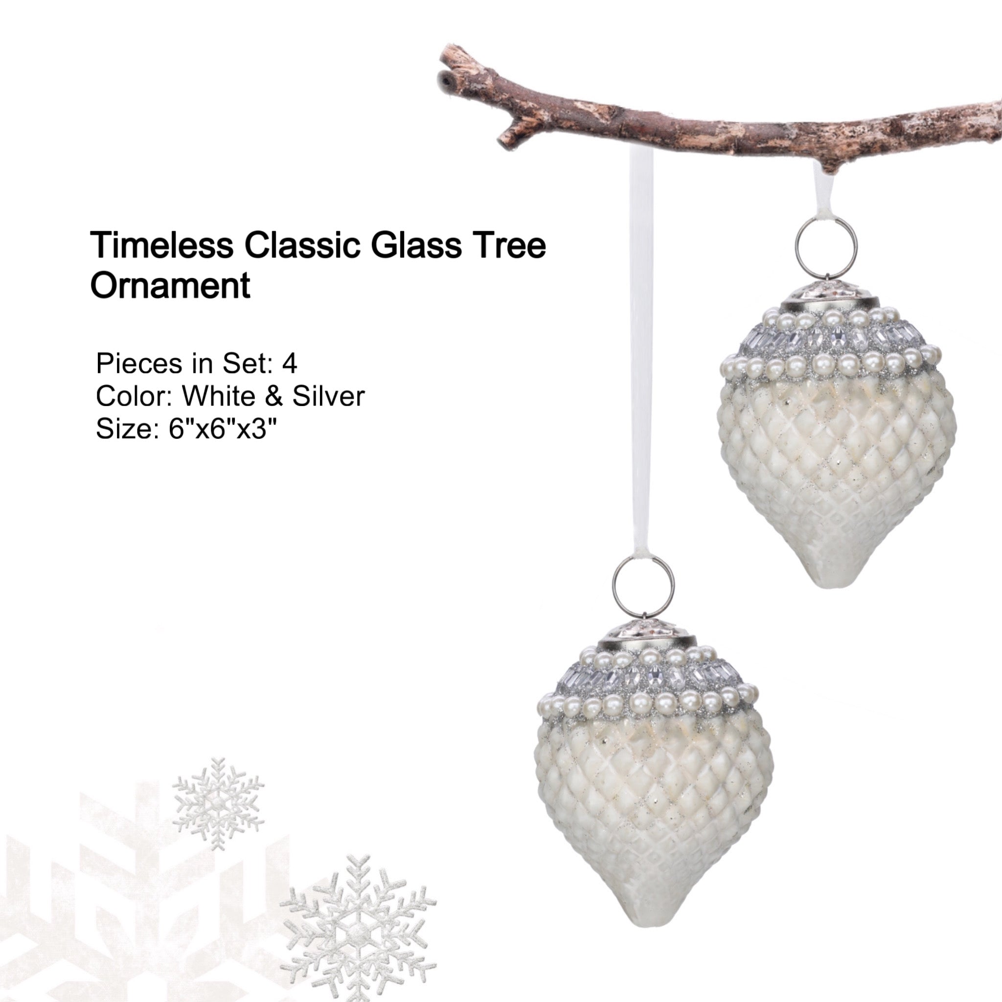 Timeless Christmas Tree Ornament in White & Silver, Set of 4