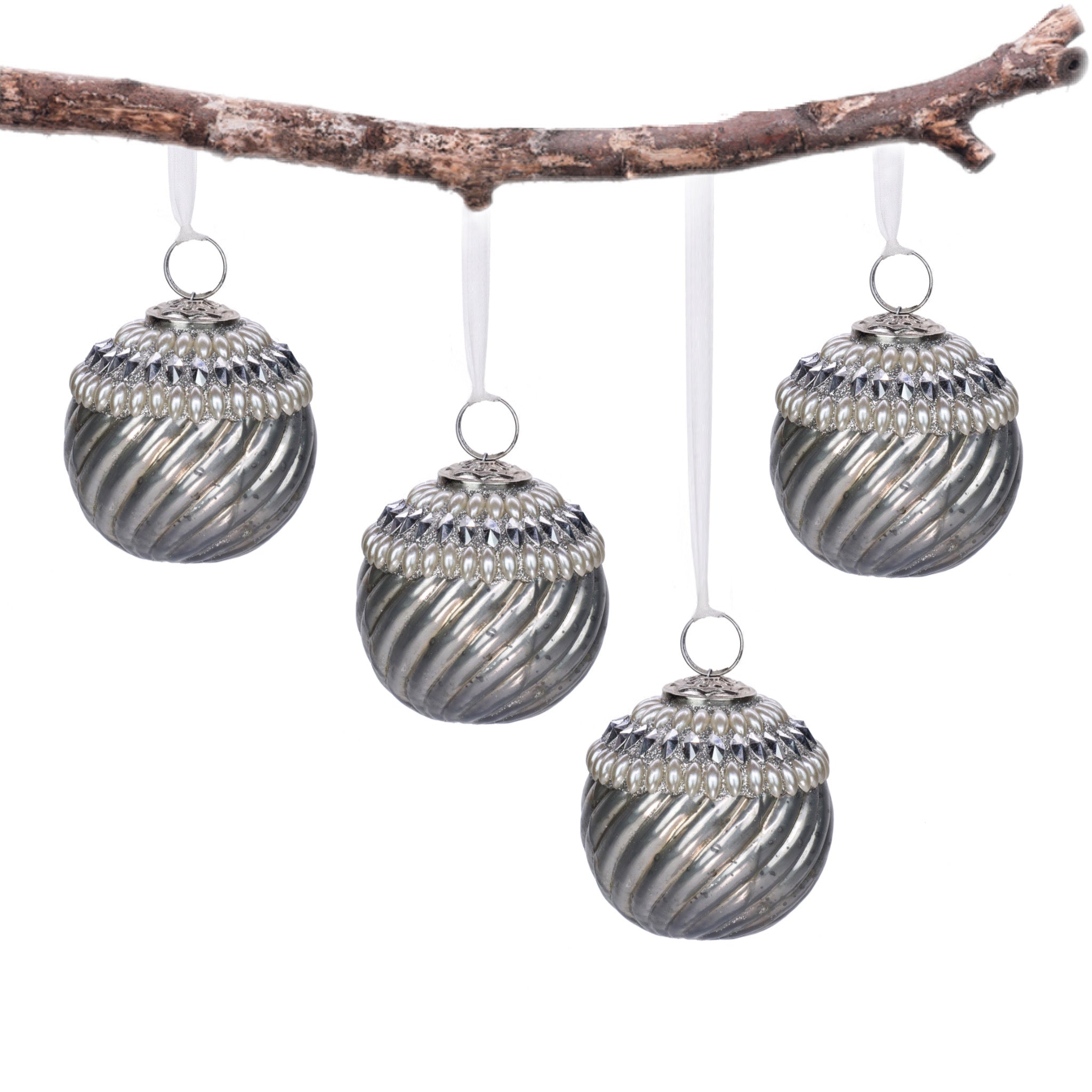 Timeless Christmas Tree Ornament in Cream & Silver, Set of 4