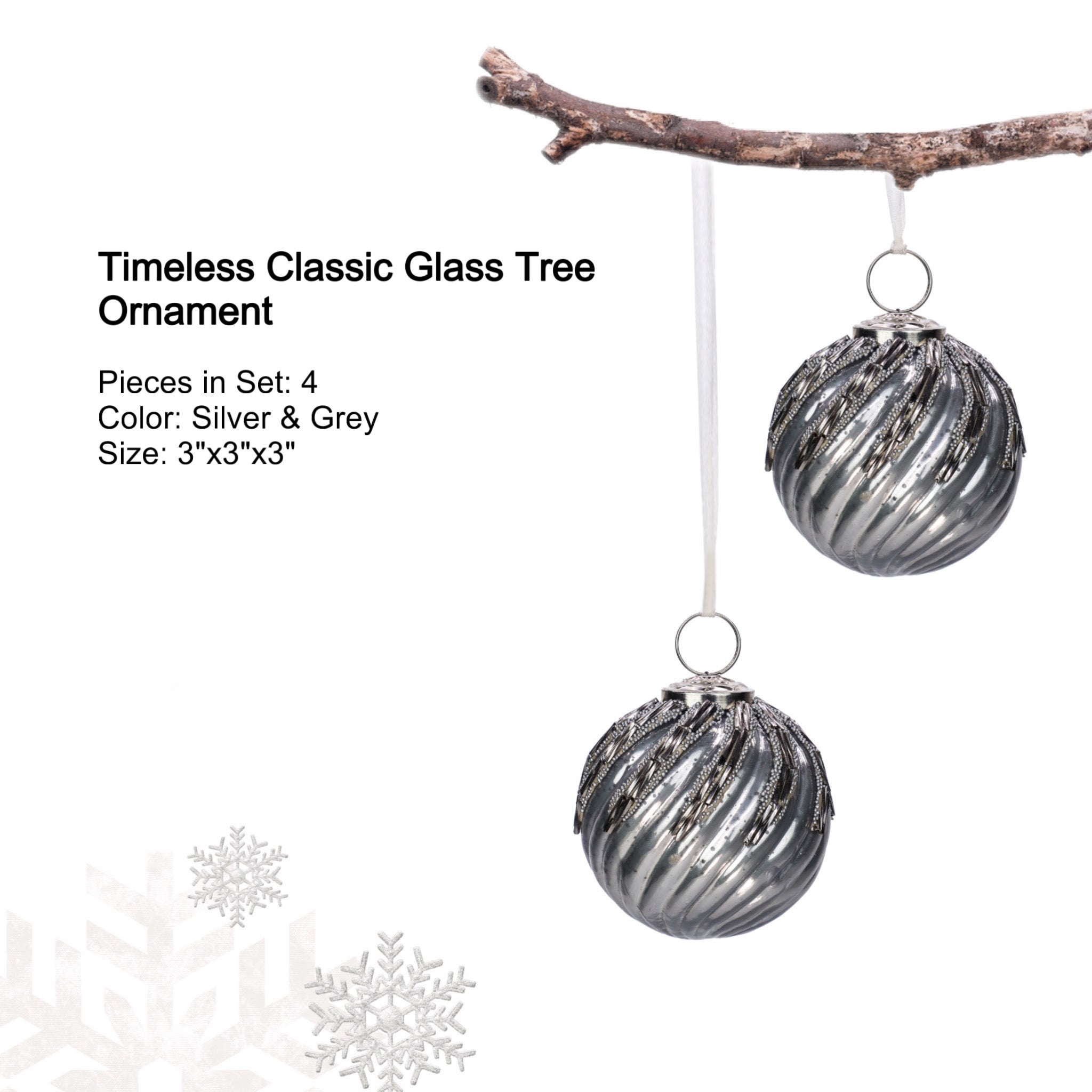 Timeless Christmas Tree Ornament in Silver & Grey, Set of 4