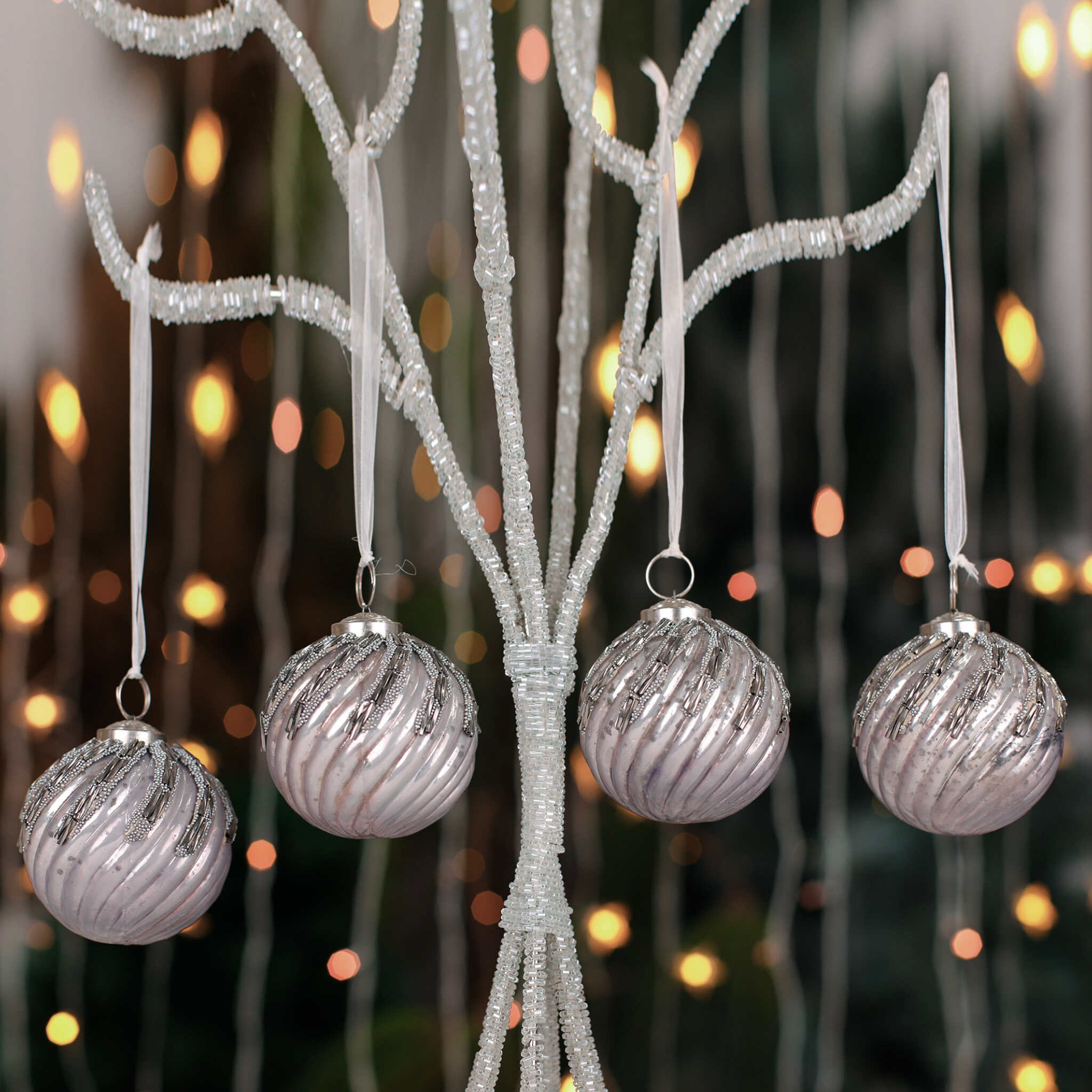 Timeless Christmas Tree Ornament in Silver & Grey, Set of 4