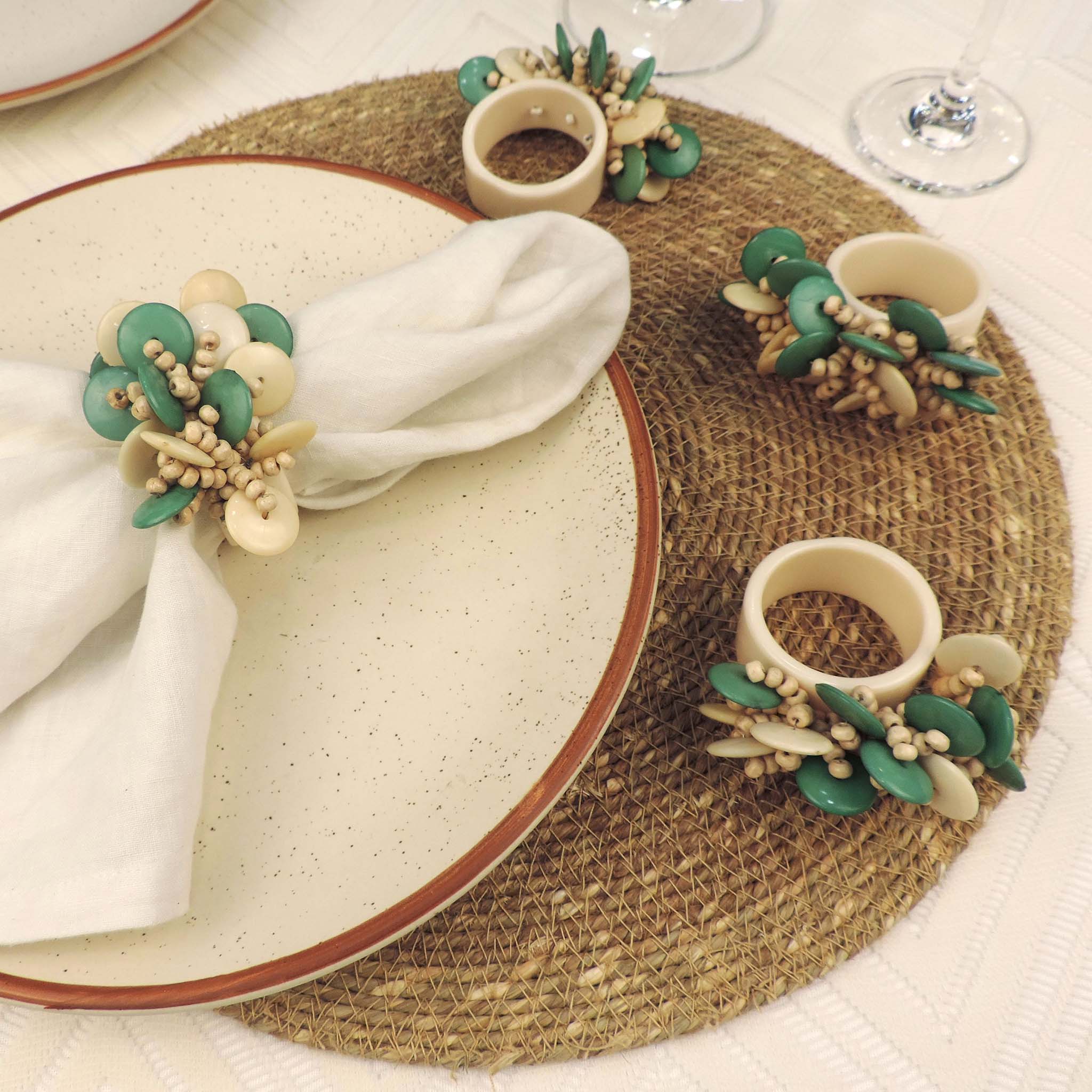 Coin n Beads Cluster Napkin Ring in Cream Green, Set of 4