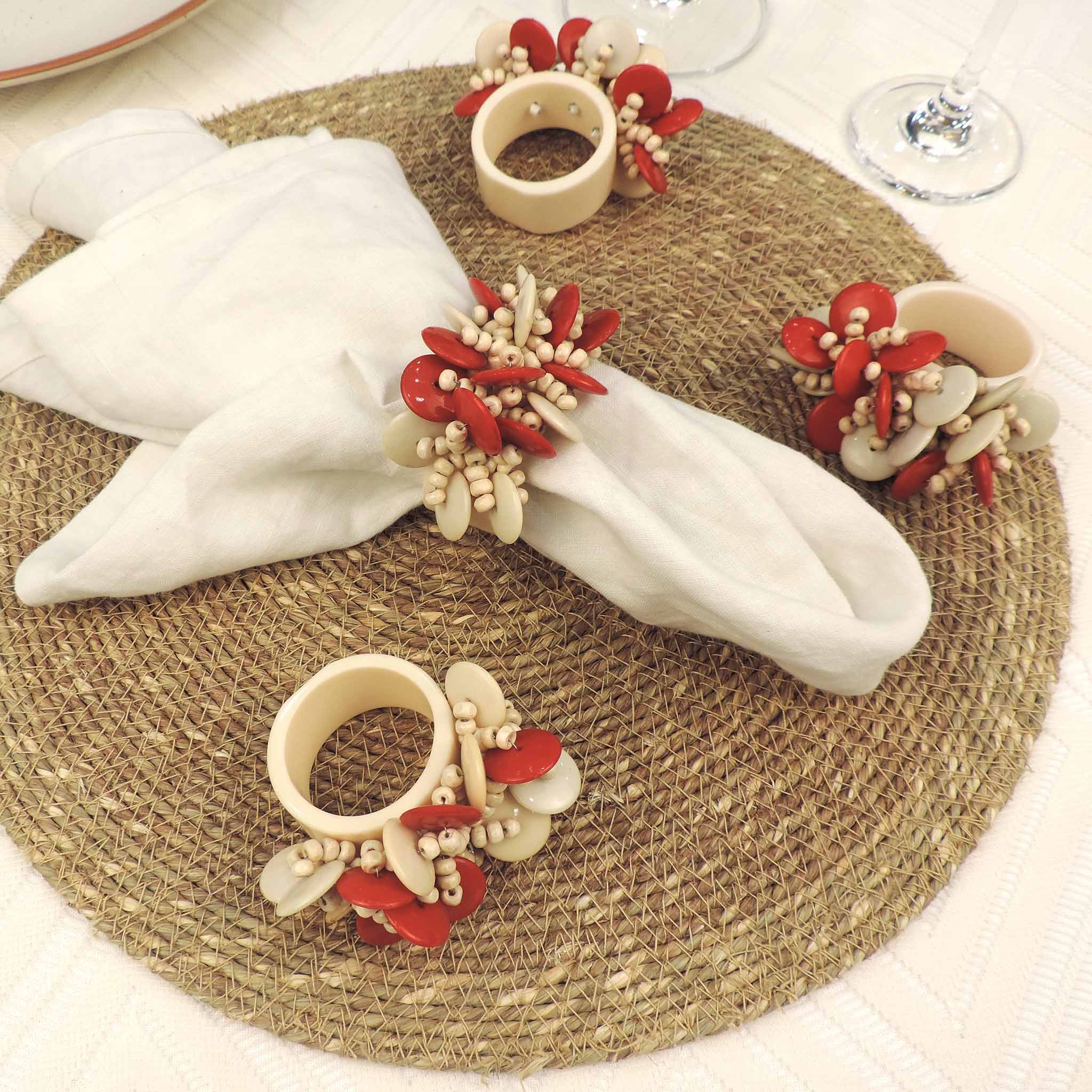 Coin n Beads Cluster Napkin Ring in Cream Red, Set of 4