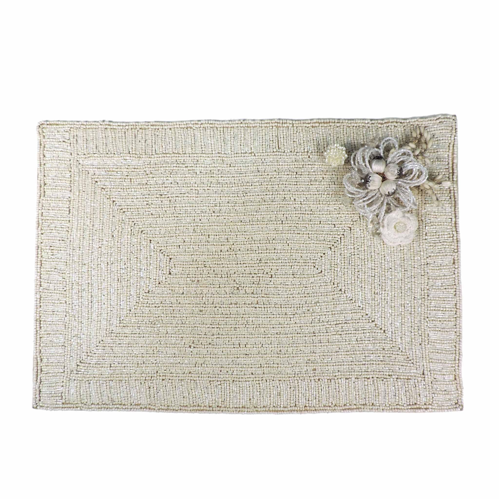 Handmade Bead Placemat with Flower in White, Set of 2