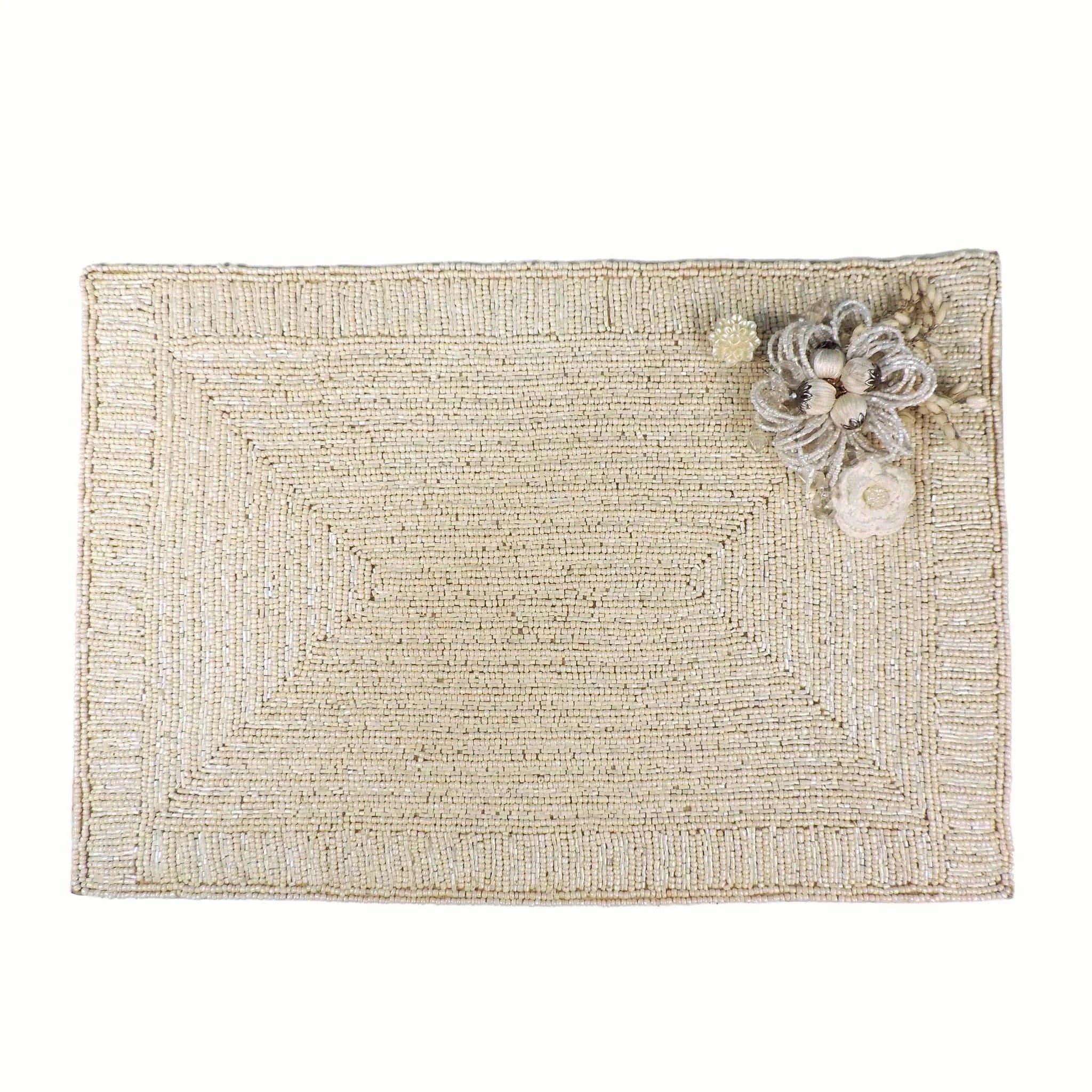 Handmade Bead Placemat with Flower in Beige, Set of 2