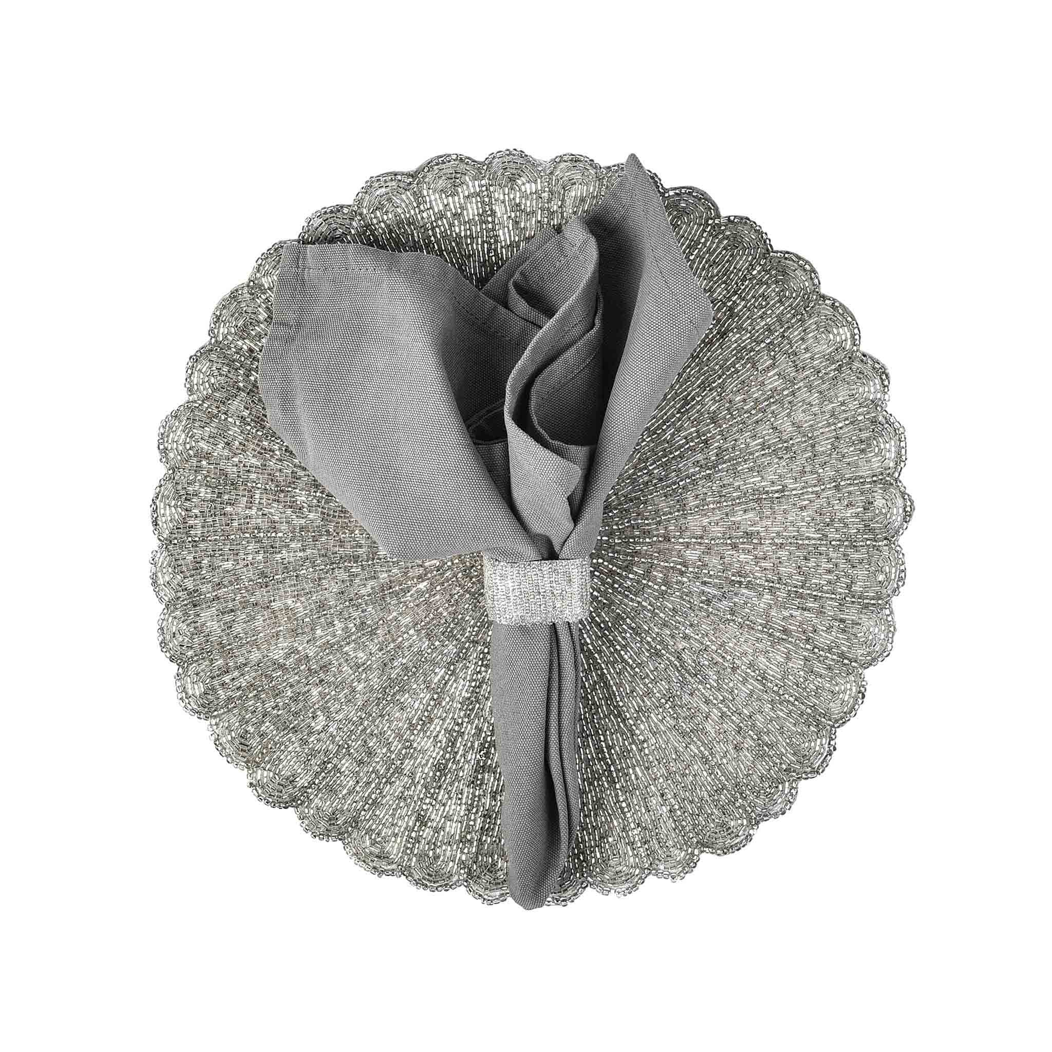 Scalloped Bead Embroidered Placemat in Silver, Set of 2