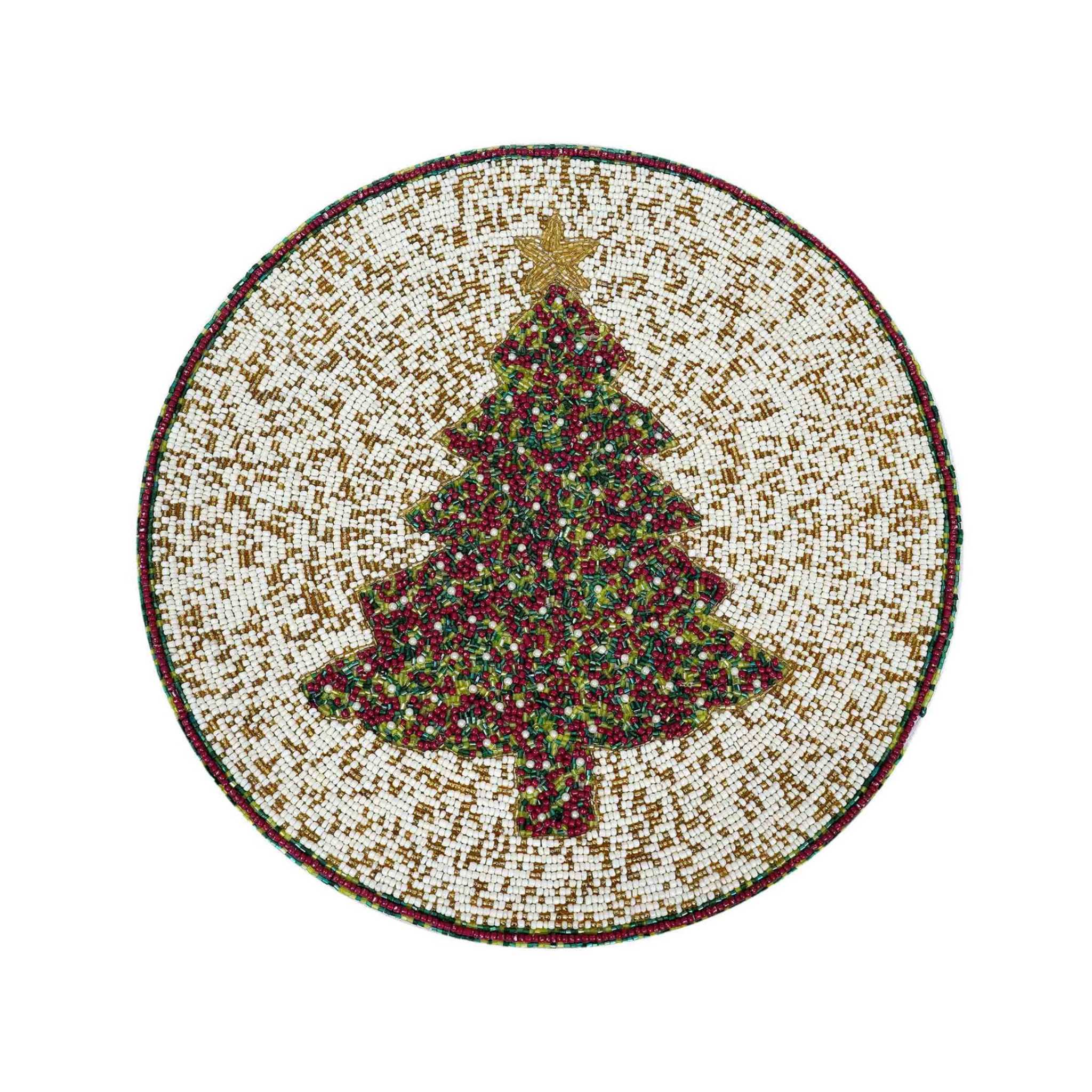 Fir Sure Christmas Beaded Placemat in Cream & Red, Set of 2