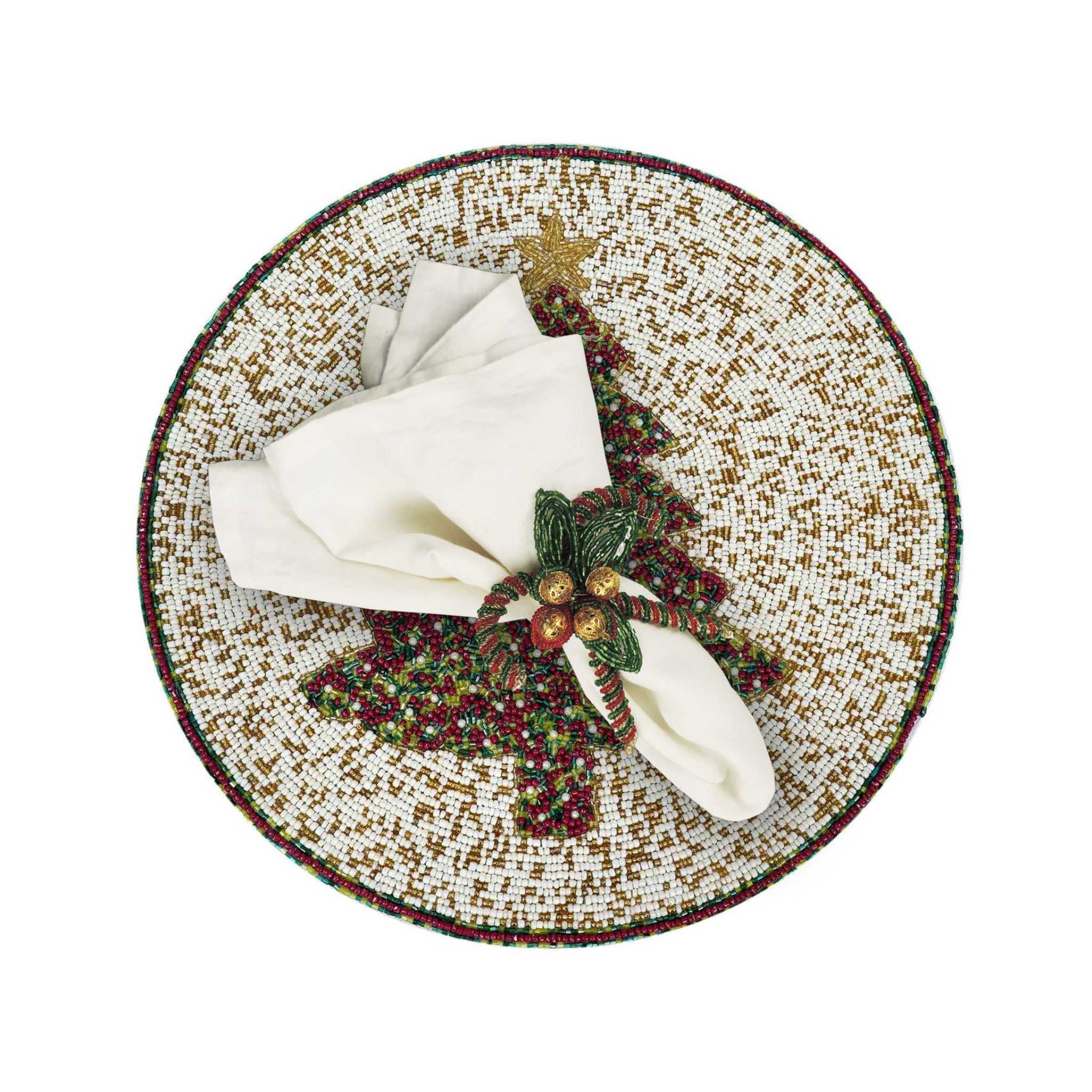 Fir Sure Christmas Beaded Placemat in Cream & Red, Set of 2