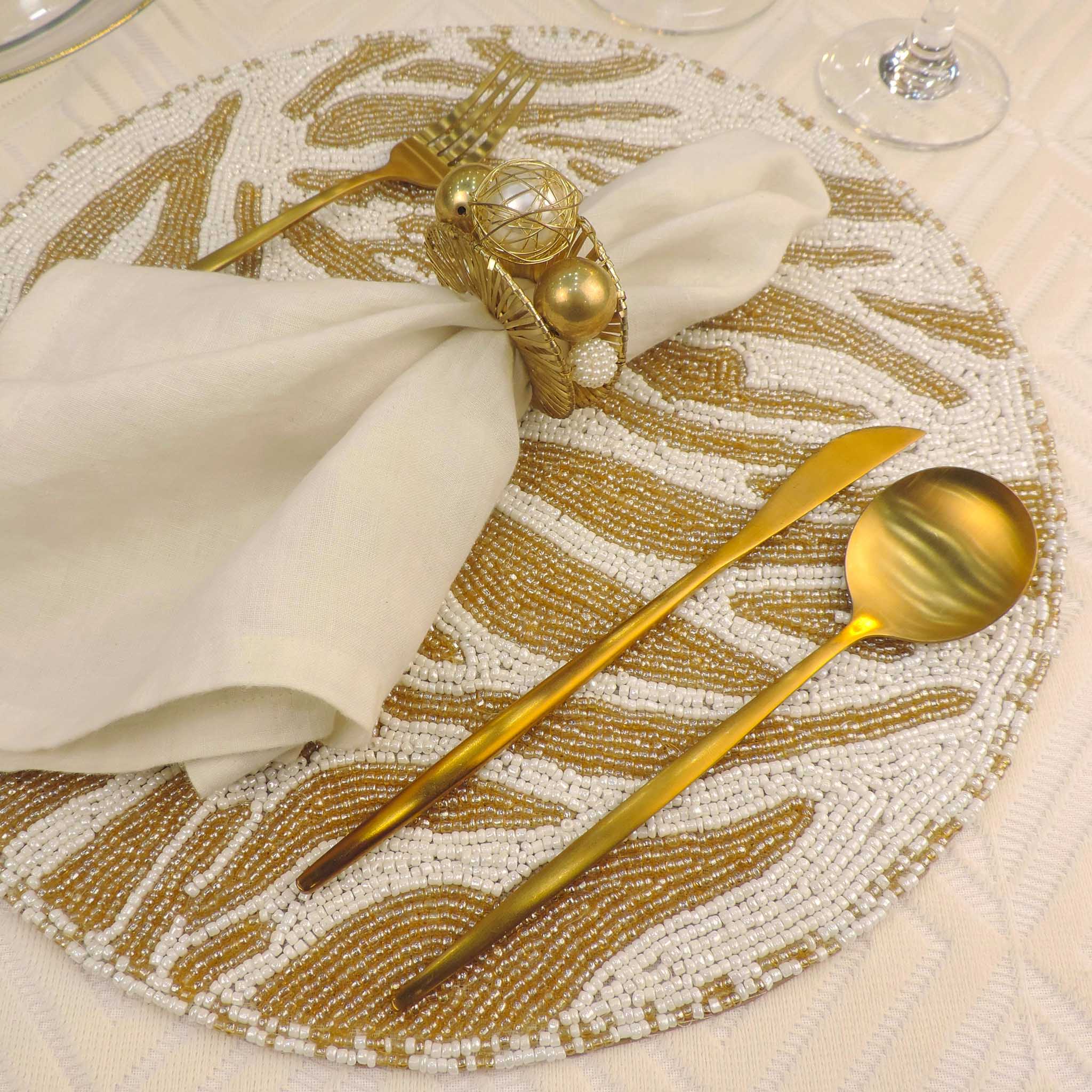 Modern Camo Glass Beaded Placemat in Gold & Cream, Set of 2