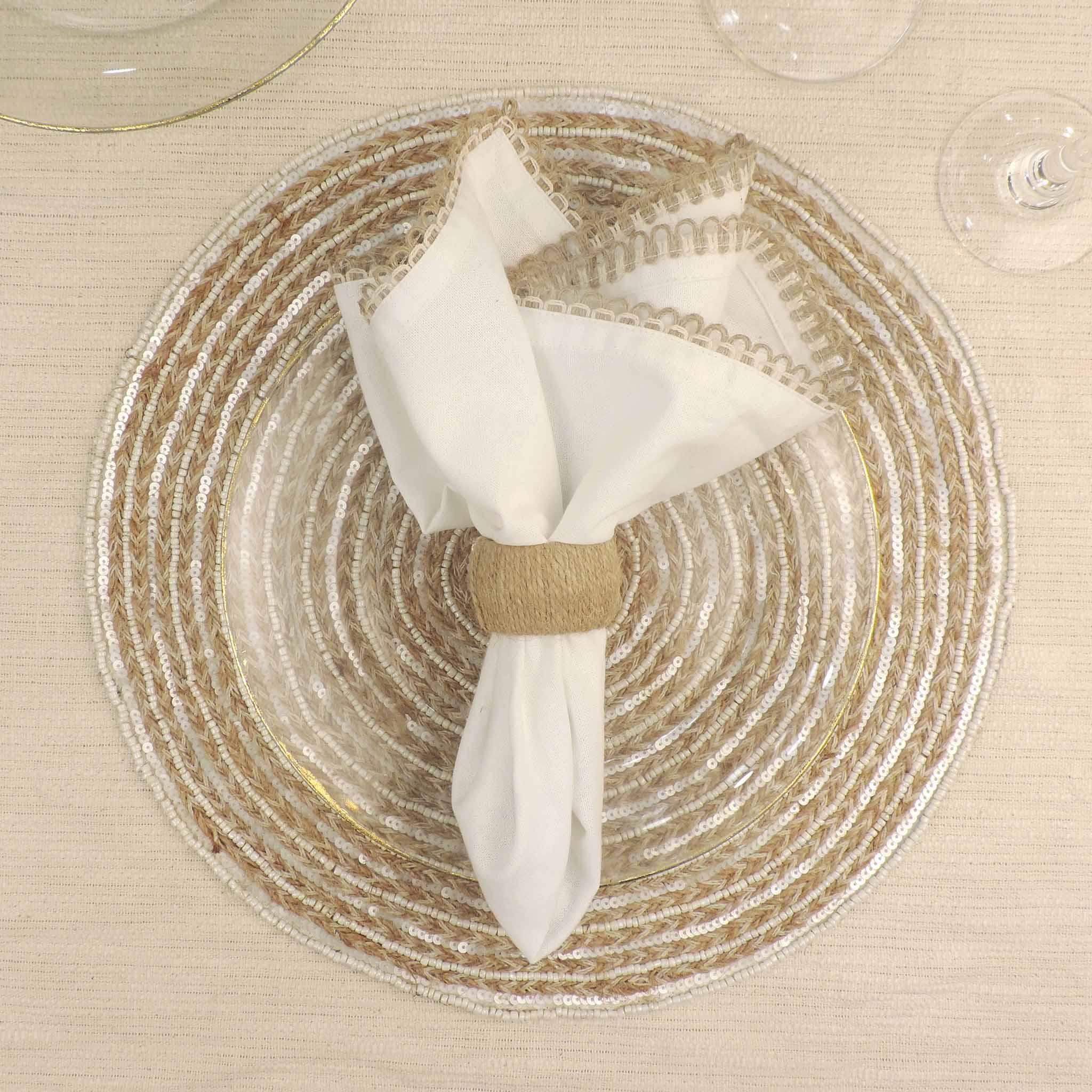 Braided Natural Jute Beaded Placemat in Beige, Set of 2