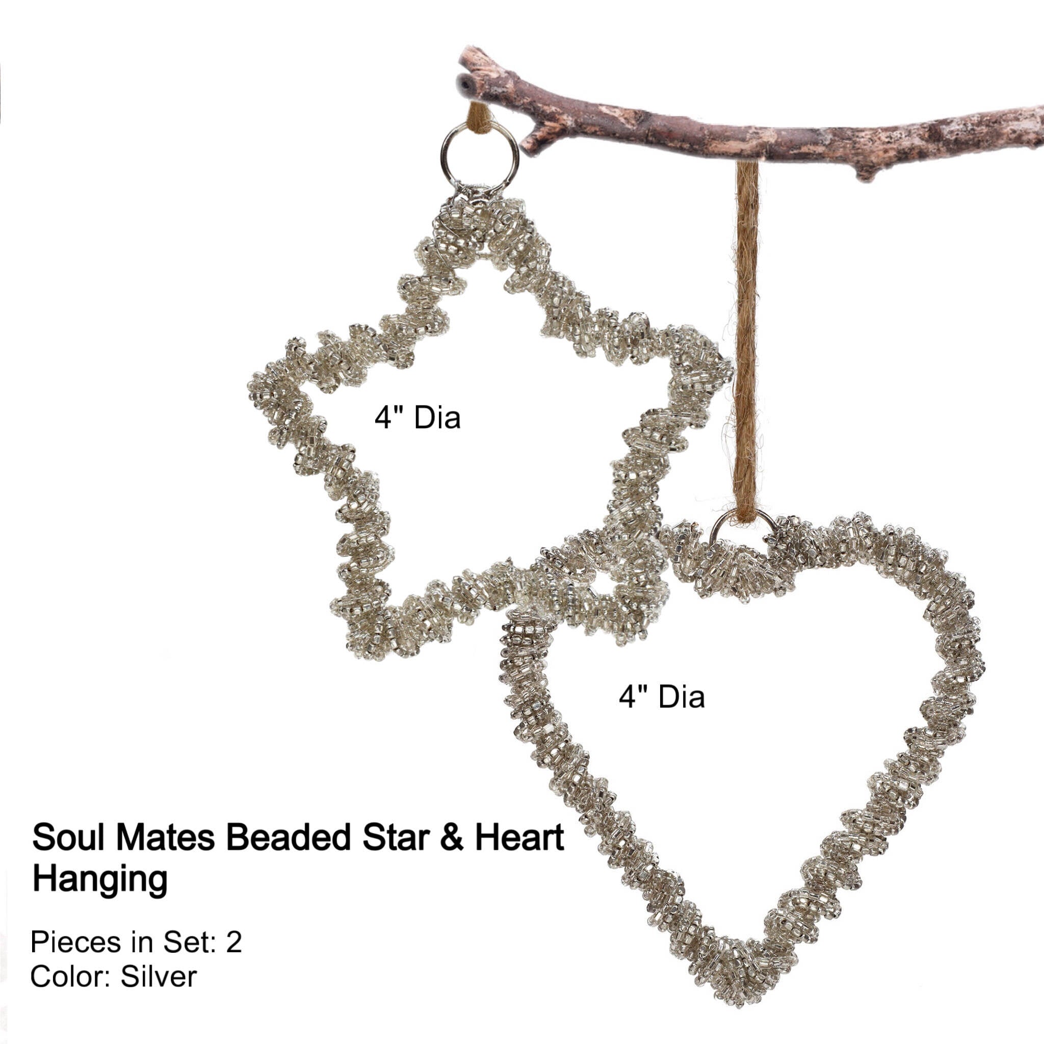 Soul Mates Beaded Star & Heart Hanging in Silver, Set of 2