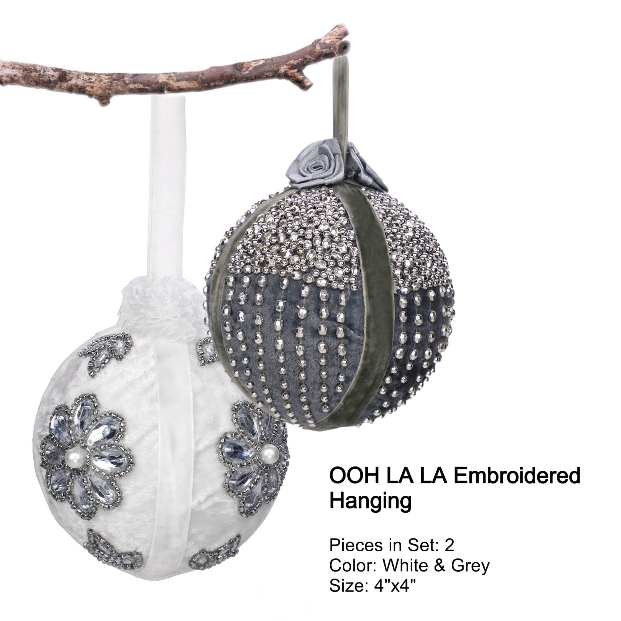 OOH LA LA Embroidered Hanging in White & Grey, Set of 2