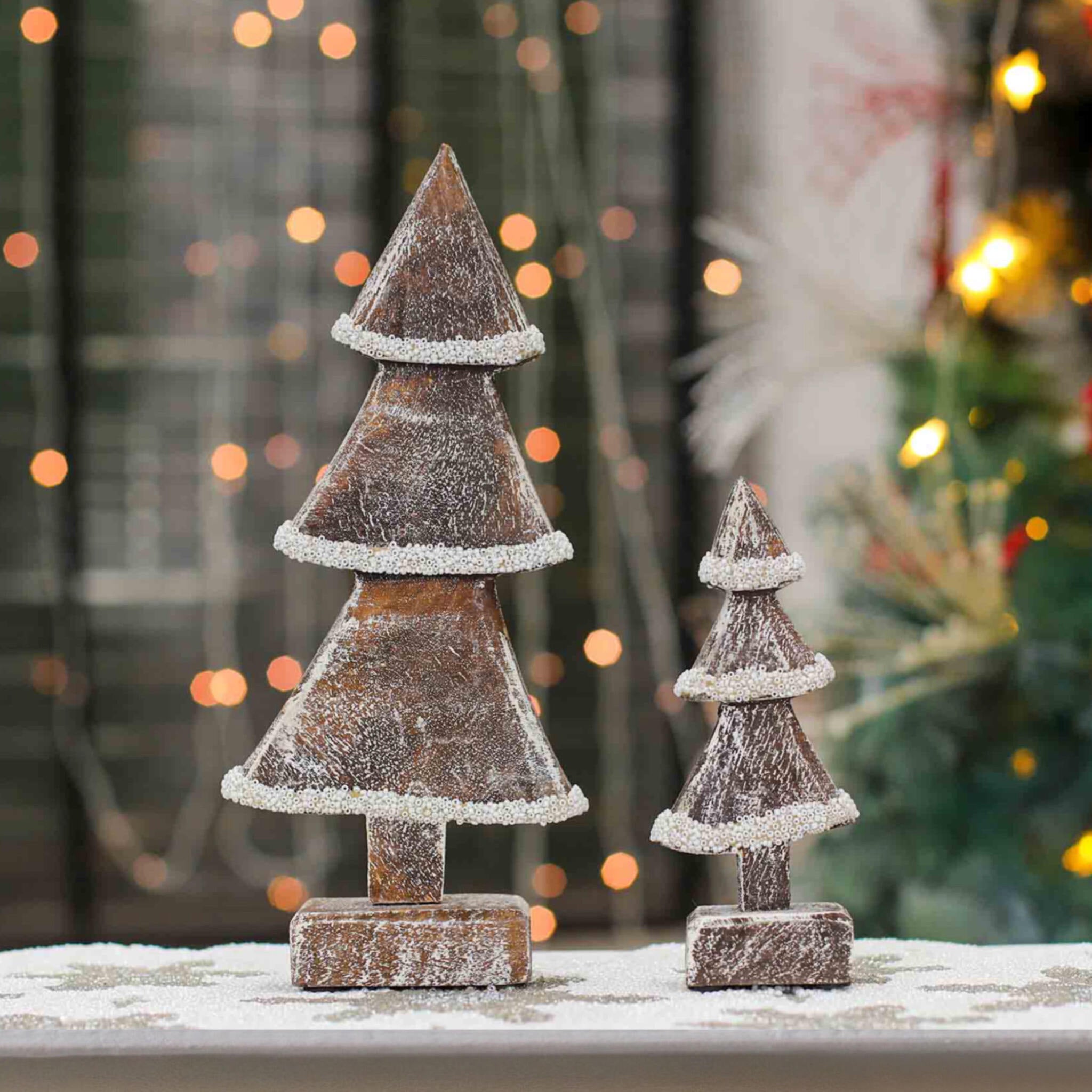Alpine Christmas Tree Duo in White & Natural, Set of 2