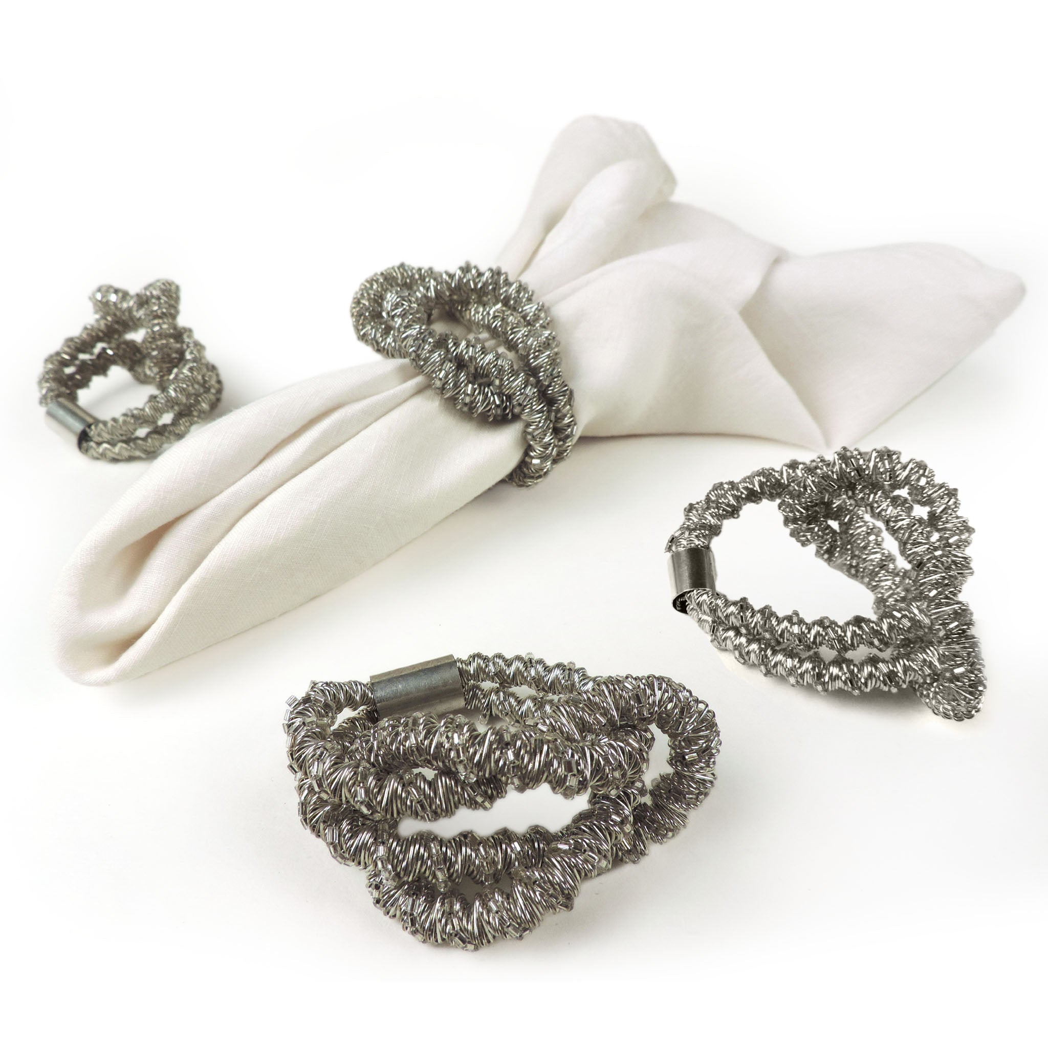 Square Knot Beaded Napkin Ring in Silver, Set of 4