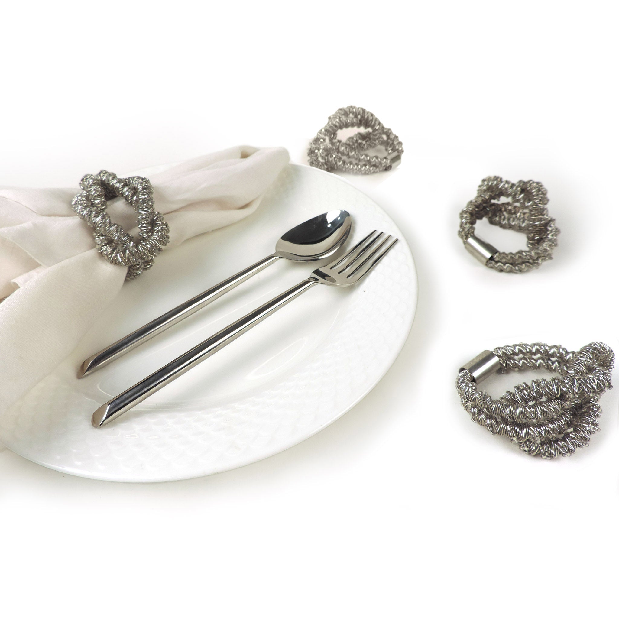 Square Knot Beaded Napkin Ring in Silver, Set of 4